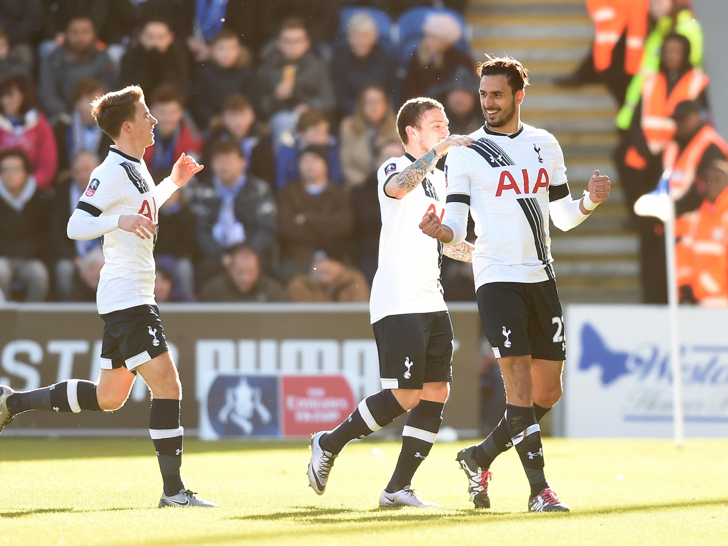 Nacer Chadli celebrates scoring against Colchester