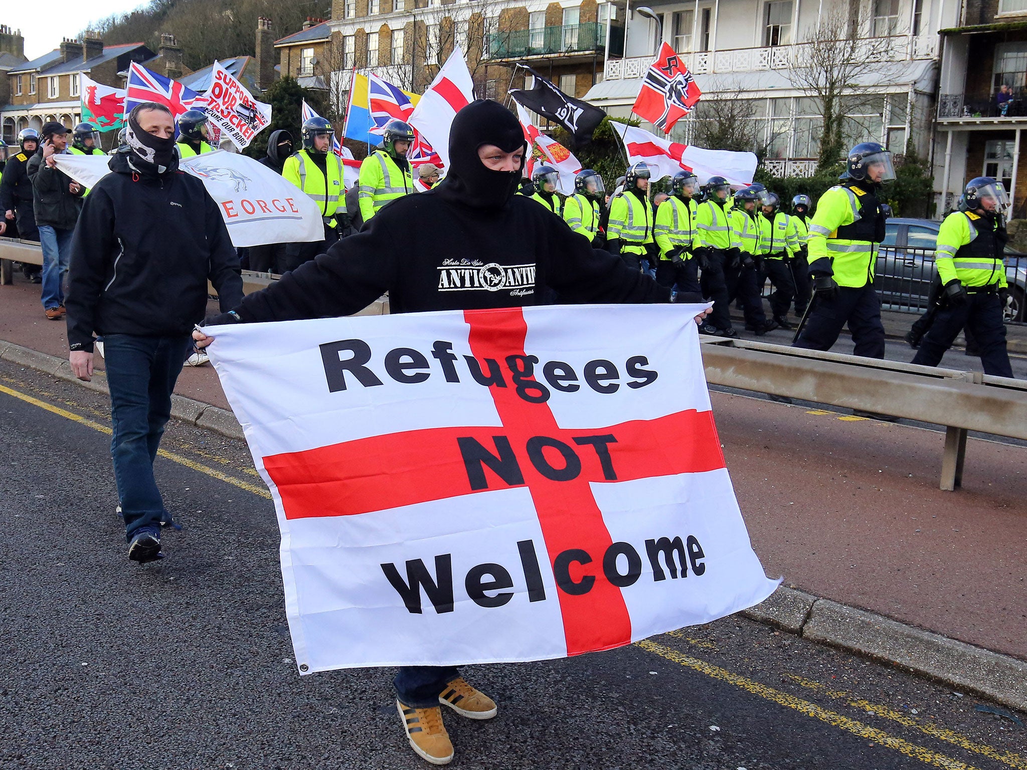 Far-right protesters in a protest about immigration in Dover