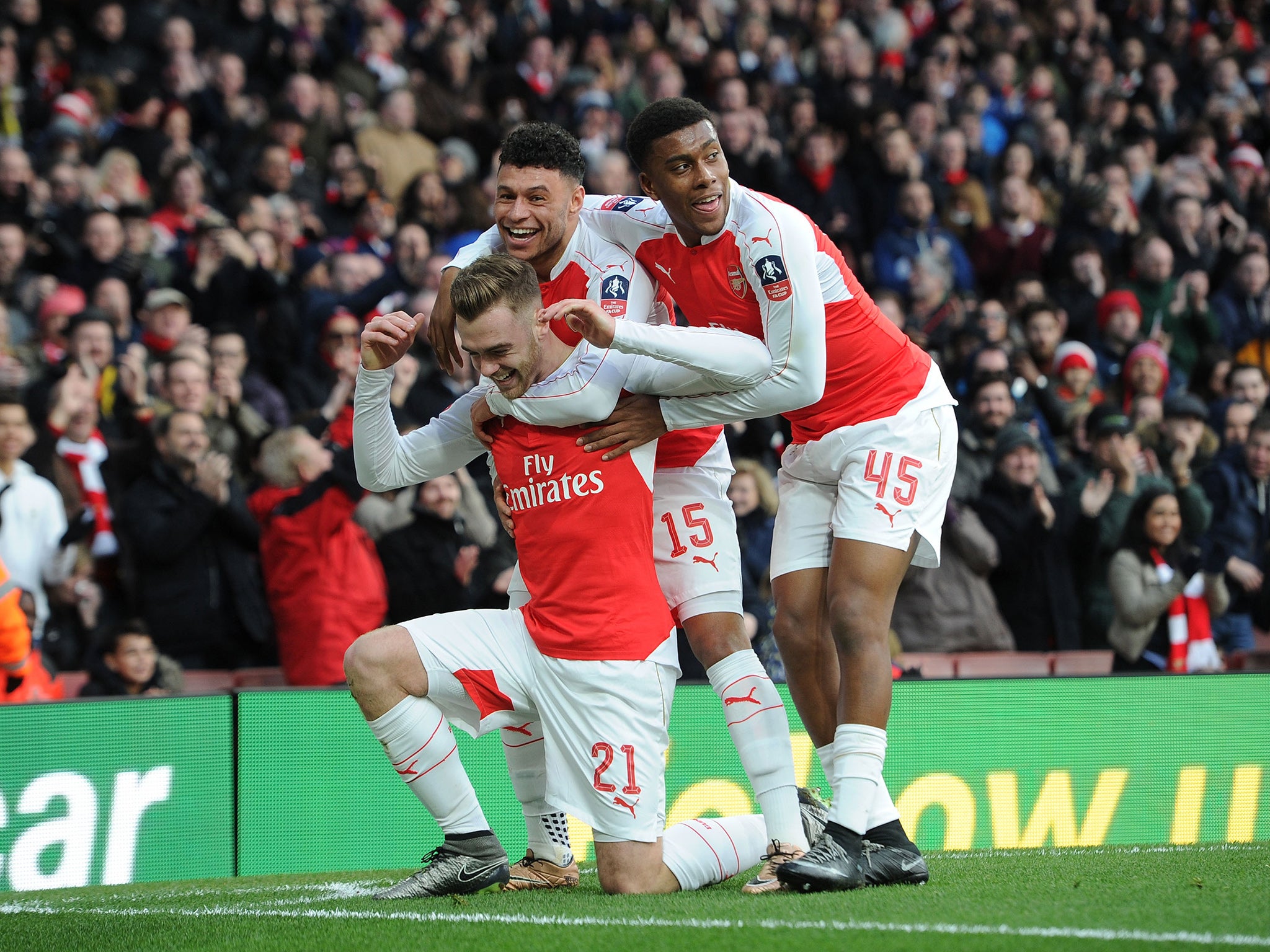 Arsenal's Calum Chambers celebrates his goal against Burnley this weekend