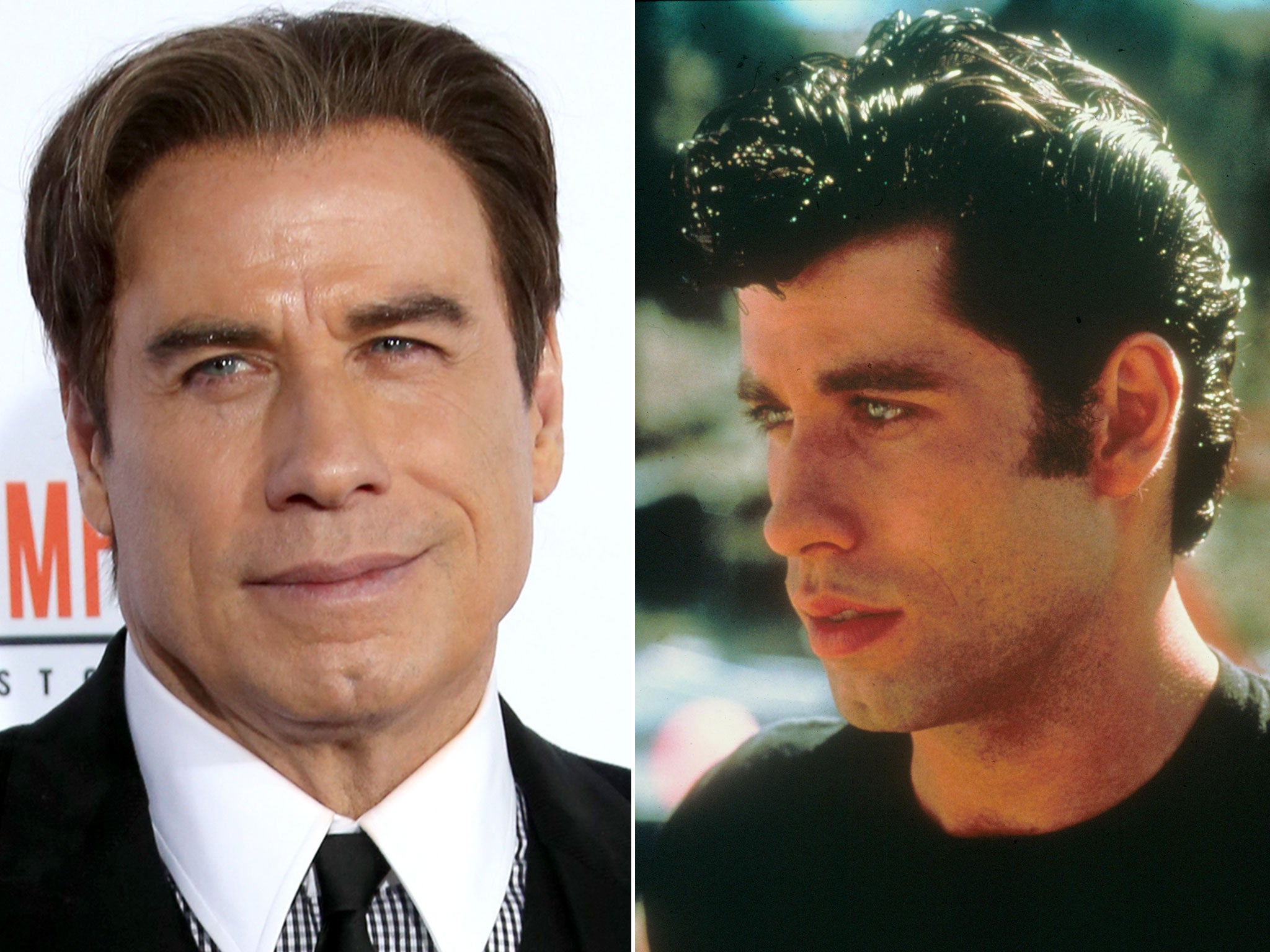 left: John Travolta as Danny in the 1978 film; right: age 61, pictured in January, 2016 (REX features/Getty images)