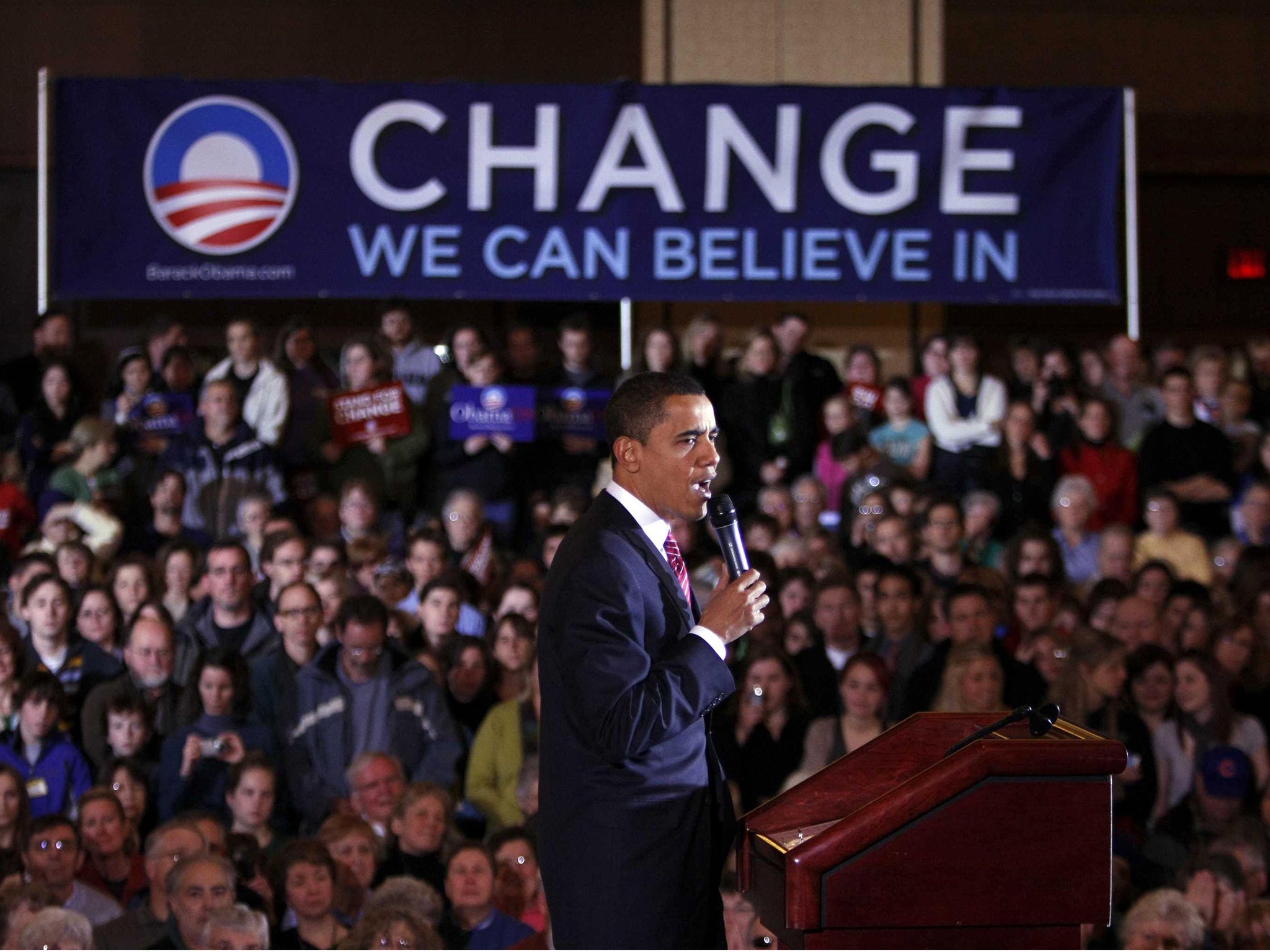 Barack Obama at a campaign rally in Coralville, Iowa, in 2008. There was a large turnout for the caucus, from which he received 37.6% of the Democratic vote