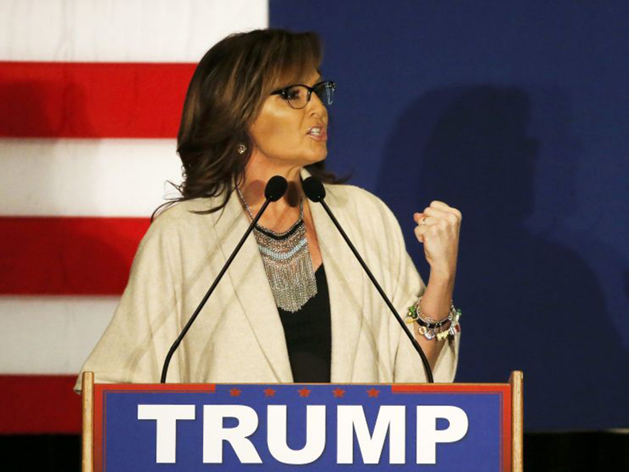 Former Alaska Governor Sarah Palin introducing the arrival of Donald Trump during a campaign rally in Cedar Rapids, Iowa