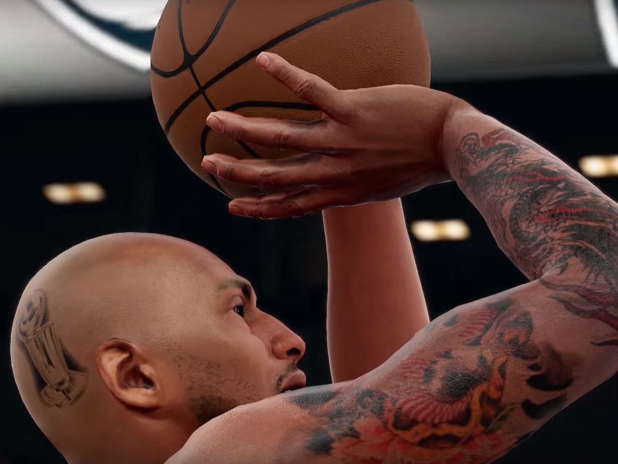 A screenshot from NBA 2K16 which shows the detailed tattoos depicted on players