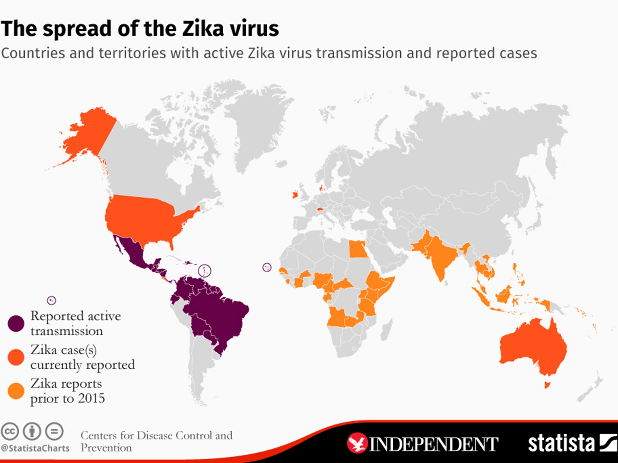 Areas seeing active transmission of the Zika virus in February 2016