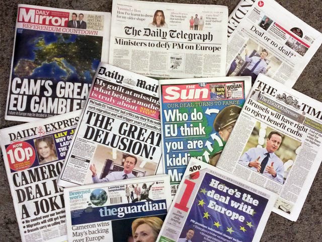 Front pages of national newspapers on the Prime Minister's EU deal