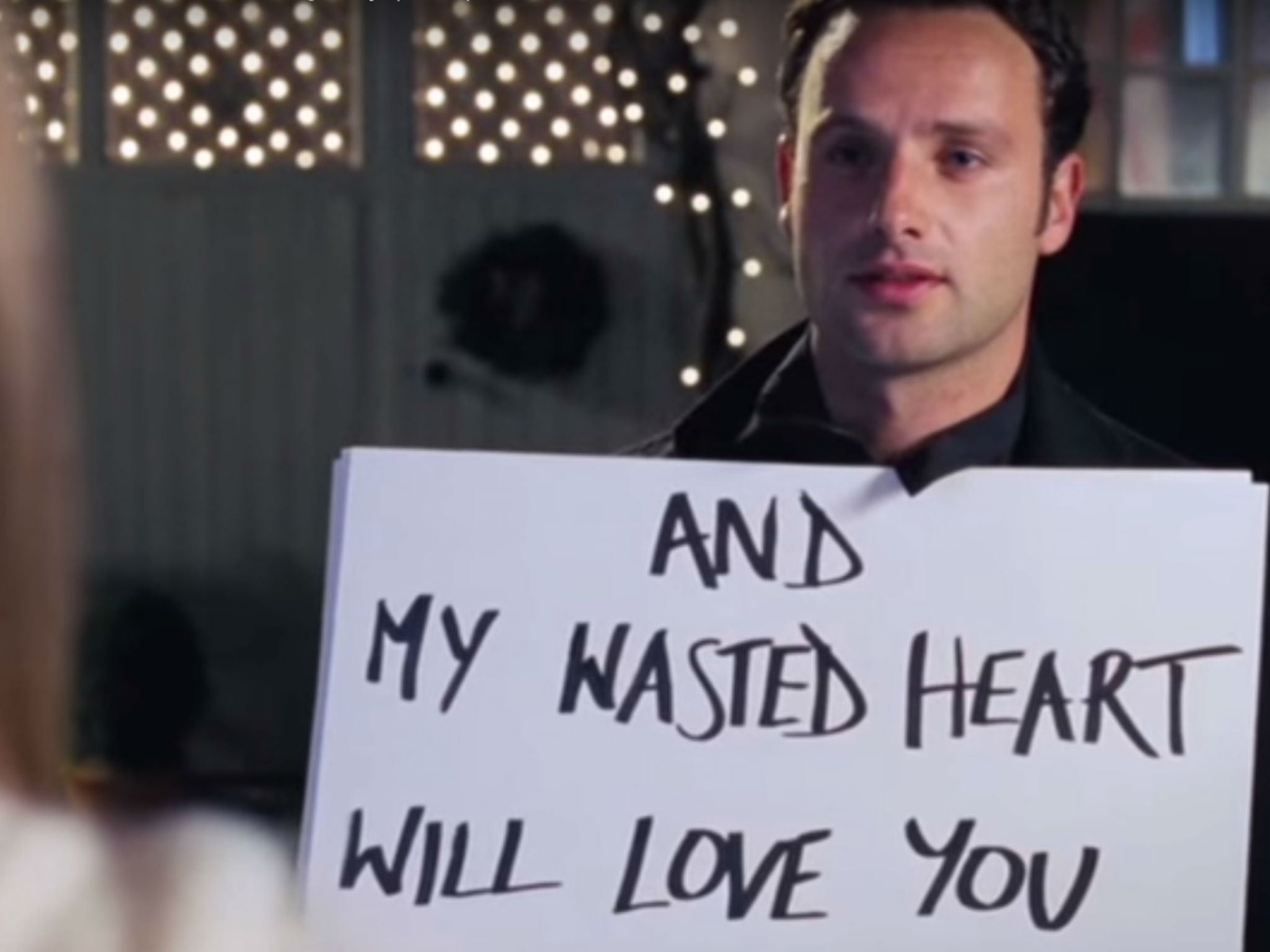 Andrew Lincoln declaring his undying love to a happily married woman as Mark in Love Actually