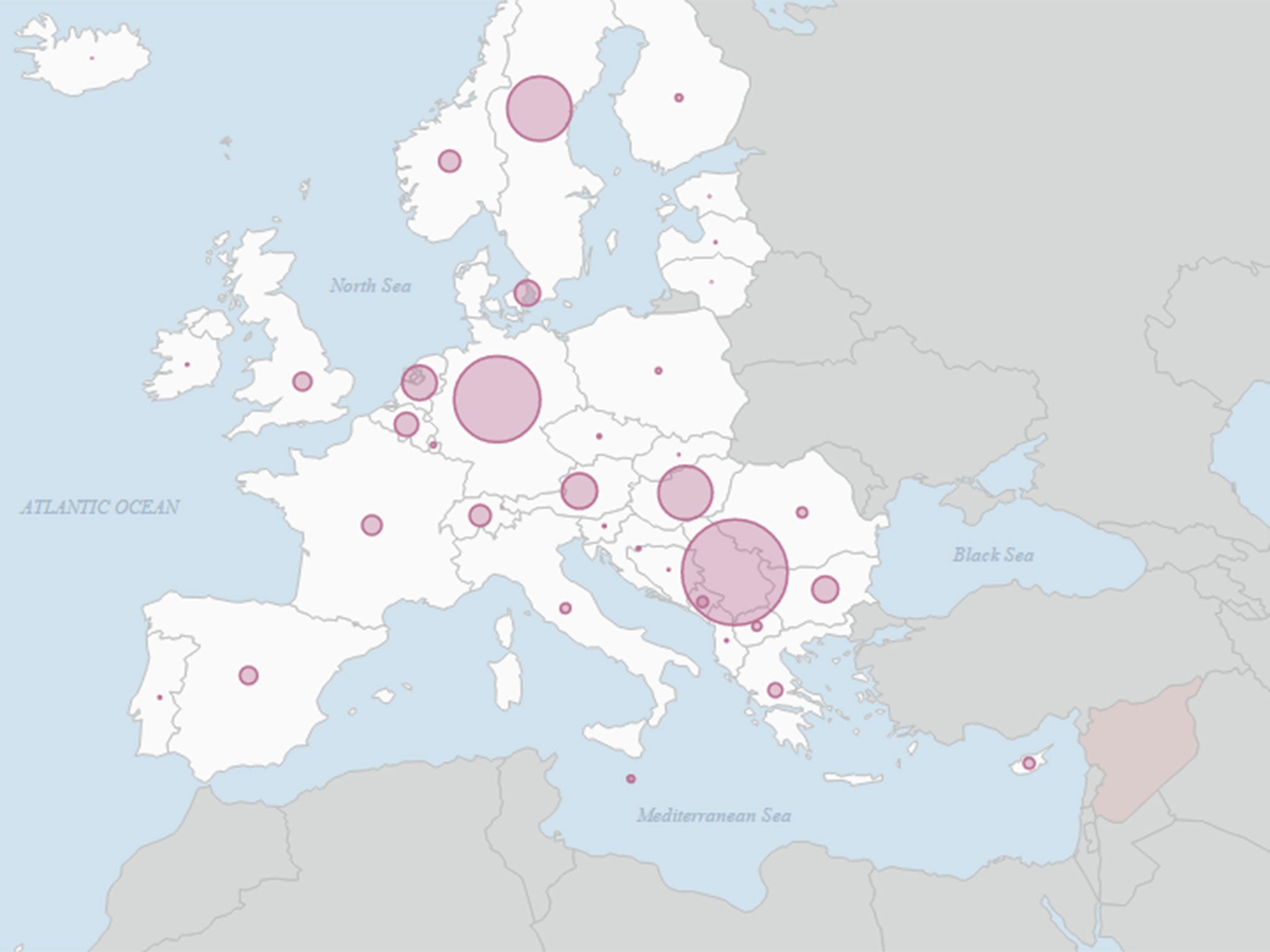 Source: UNHCR. The UN says more than 800,000 Syrians have been registered arriving in Europe since the conflict began - most in Germany, Serbia/Kosovo and Sweden. That's still only around 10% of the numbers in Syria's neighbouring countries