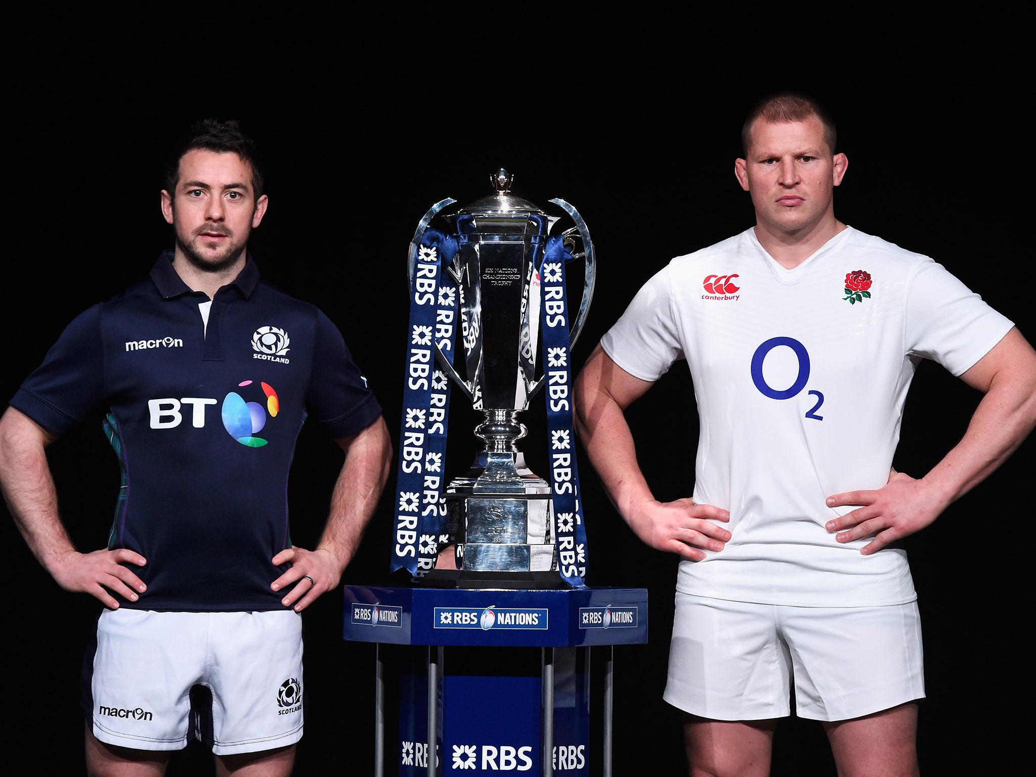 Greig Laidlaw of Scotland and Dylan Hartley of England alongside the Six Nations trophy