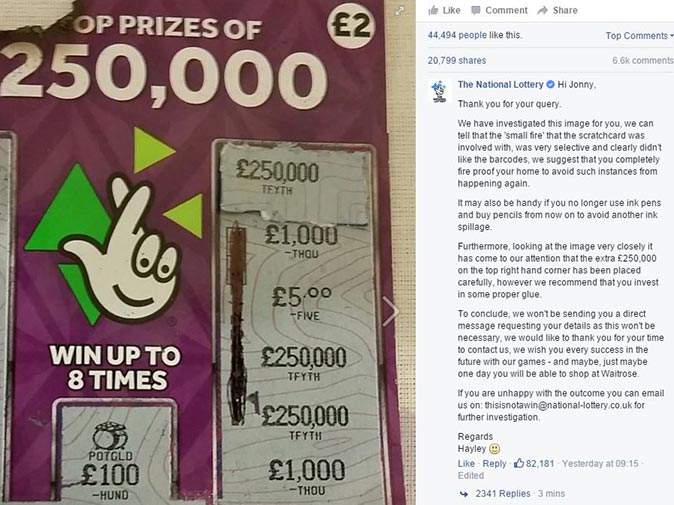 The scratch card along with the National Lottery's response