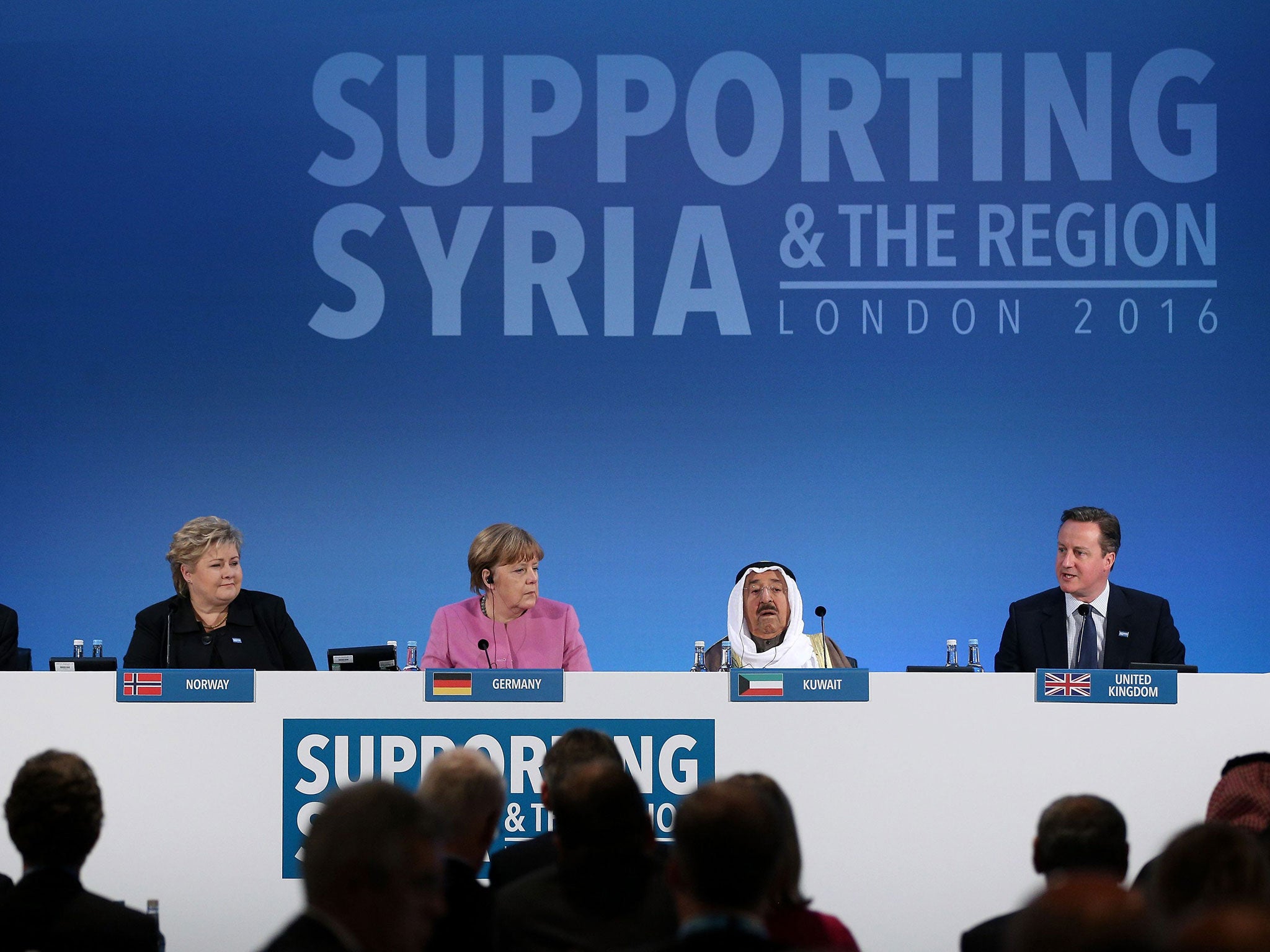 From left to right: Norwegian Prime Minister Lrna Solberg, German Chancellor Angela Merkel, the Emir of Kuwait, Sheikh Sabah al-Ahmad al-Sabah and Prime Minister David Cameron during the 'Supporting Syria and the Region' conference at the Queen Elizabeth II Conference Centre in London