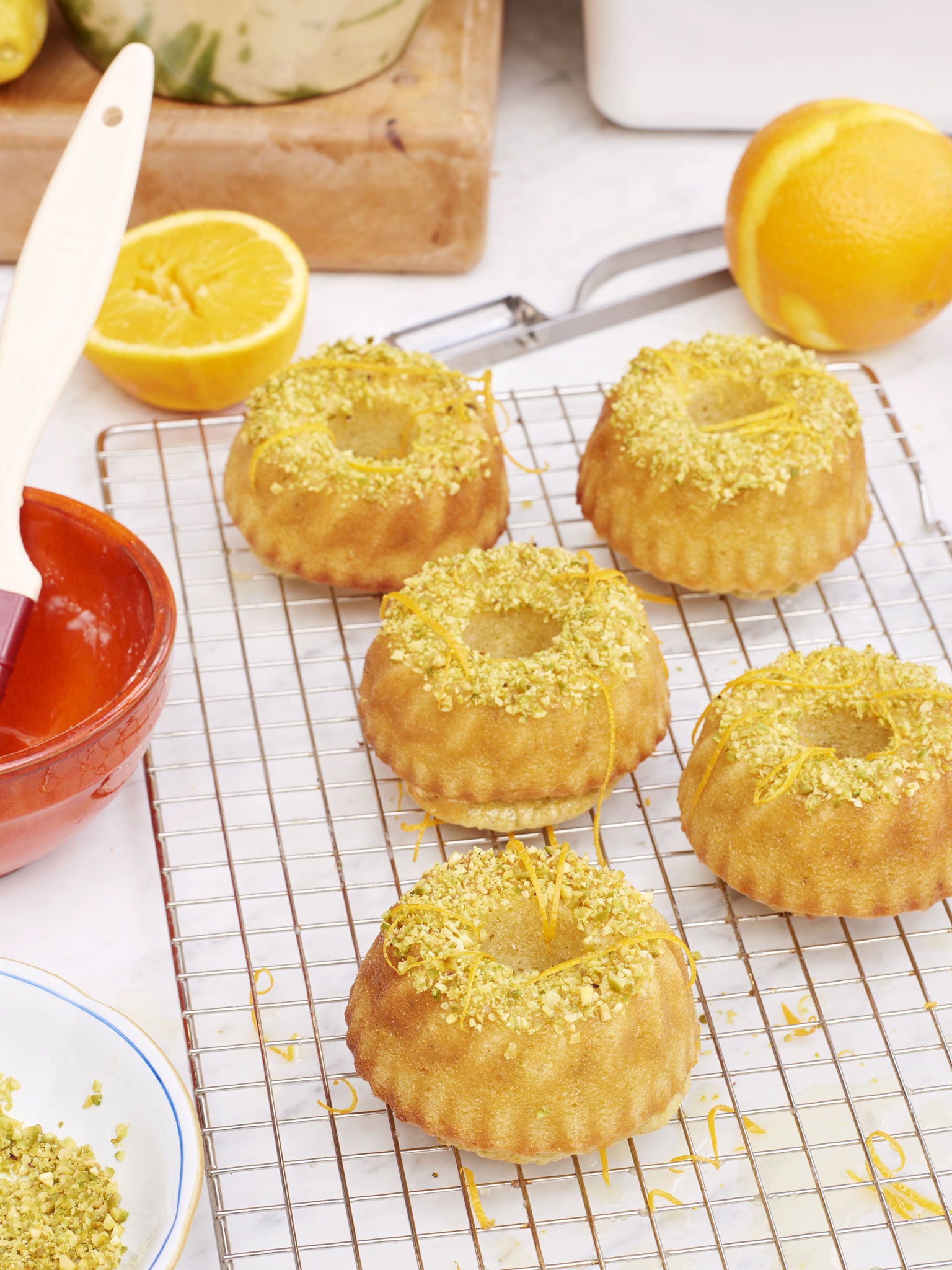 Pistachio, orange flower water and olive oil bundt cakes