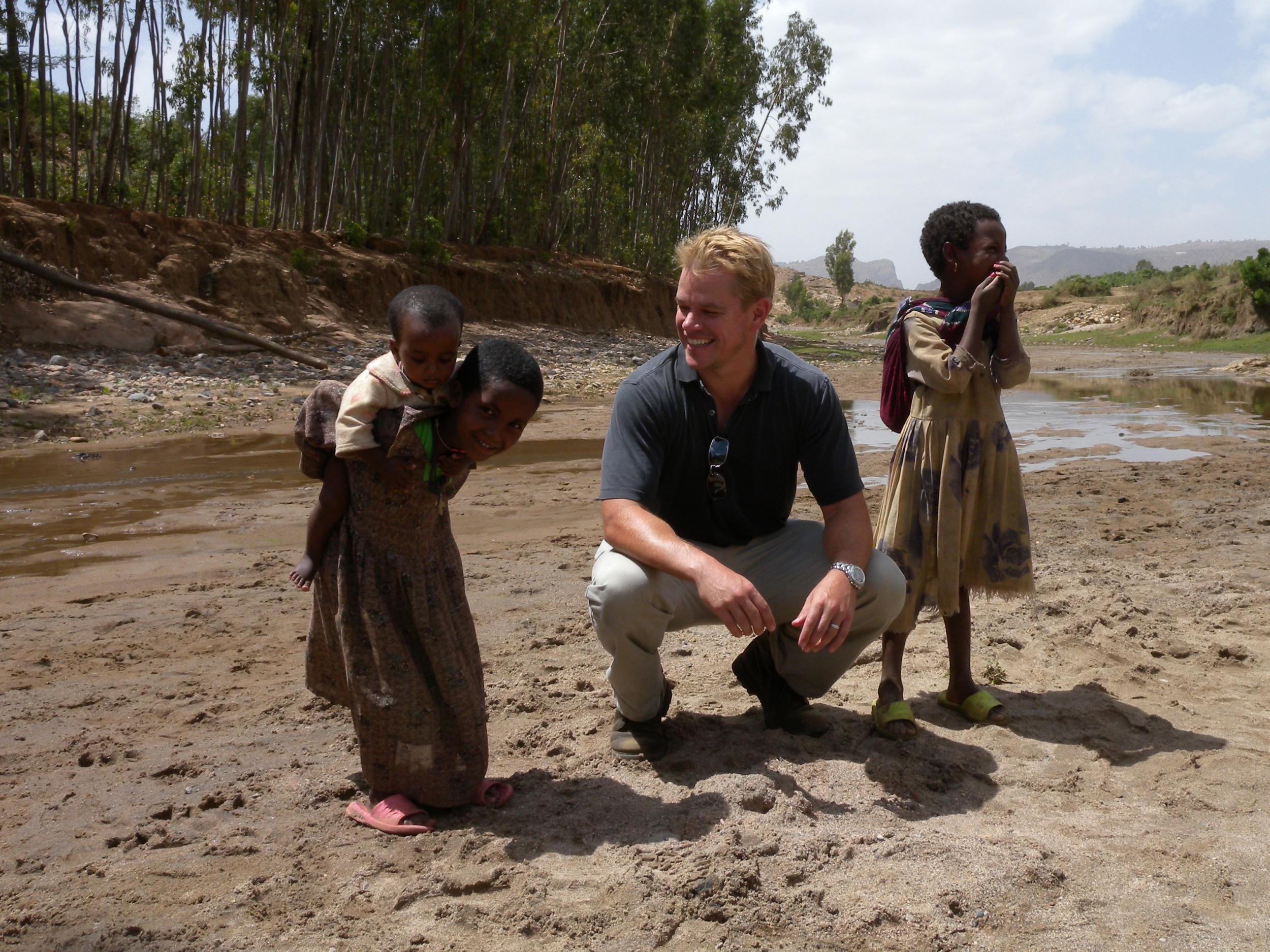 Matt Damon in Ethiopia witnessing the benefit of work done by his charity, water.org