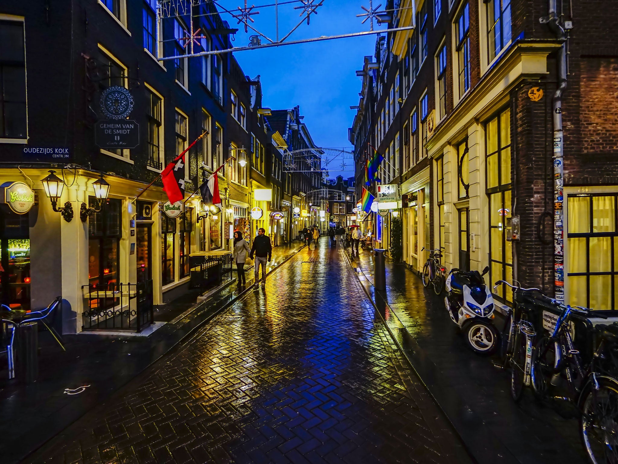 A view into the Red Light District at night