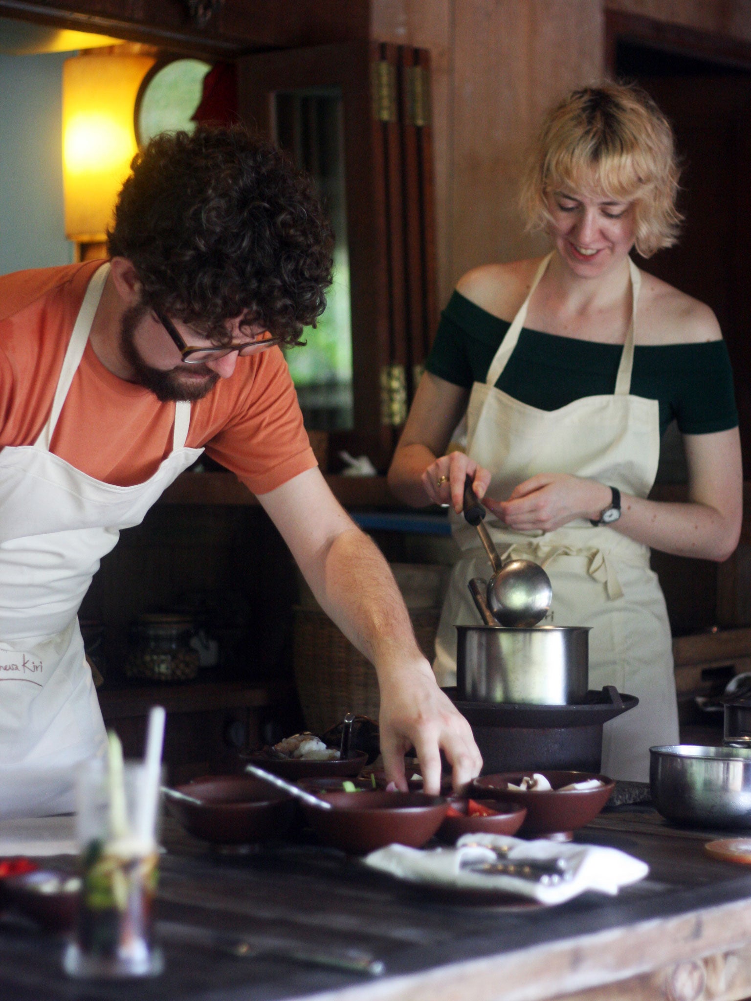 Team work: Holly and Sam making a tom yum goong soup