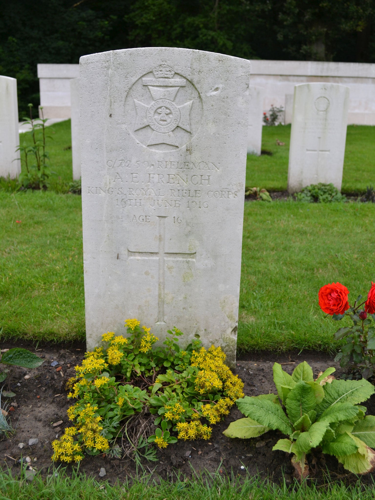 Memorial: Albert French’s gravestone outside Ploegsteert