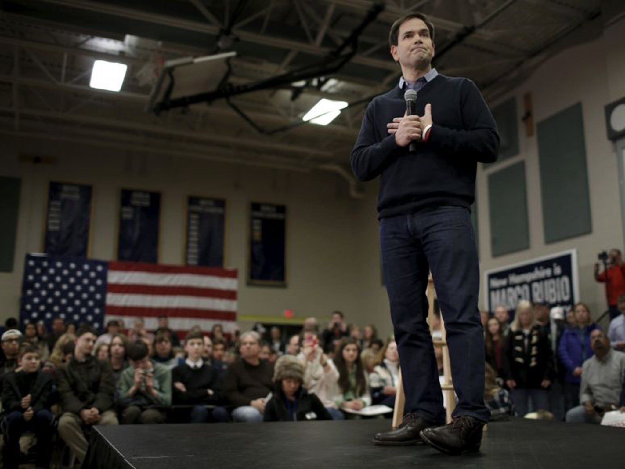 Marco Rubio speaks at a town hall campaign rally in Derry, New Hampshire. The Republican candidate surprised with his third place in Iowa