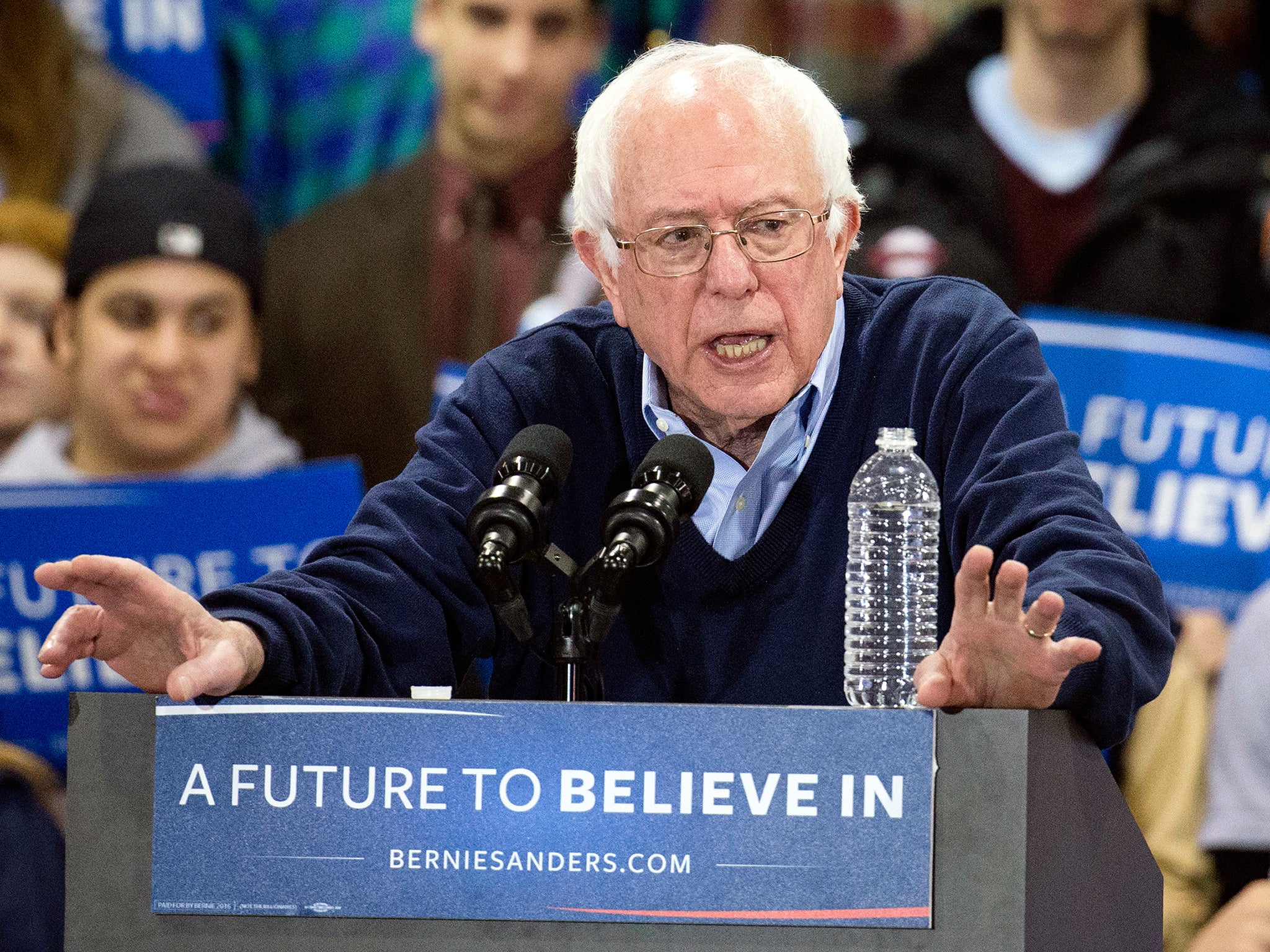 Bernie Sanders speaks at a campaign stop at the Franklin Pierce University in Rindge, New Hampshire.