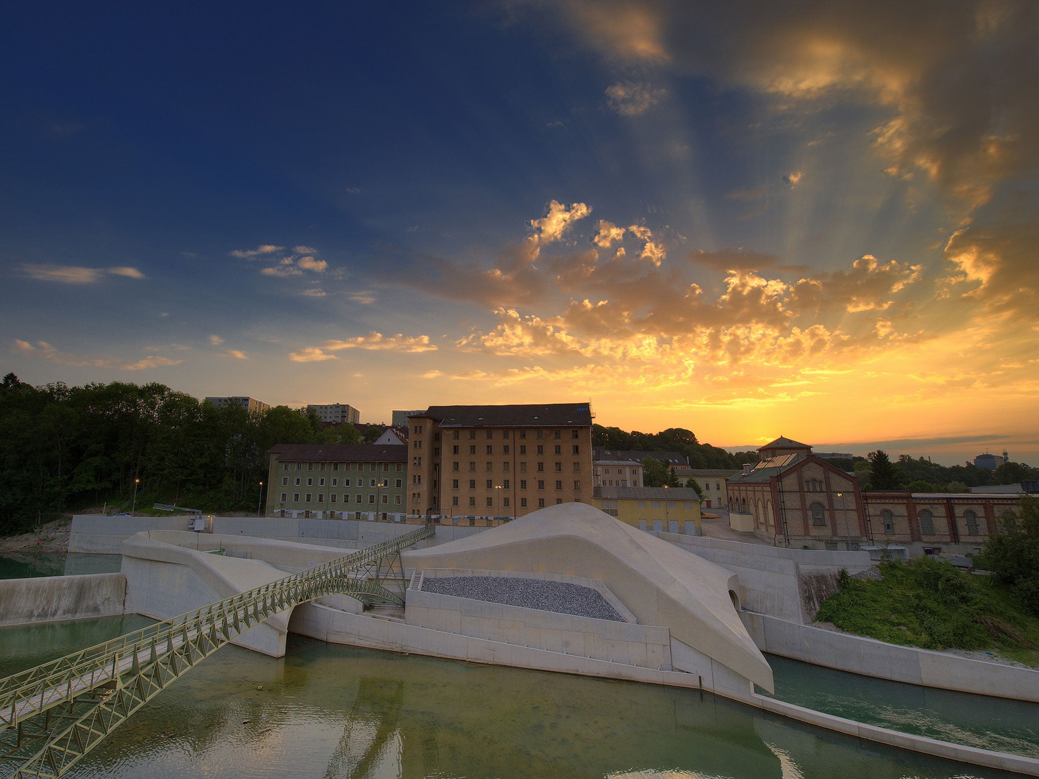 The Kempten hydroelectric power station at dusk, Kempten, Bavaria, Germany