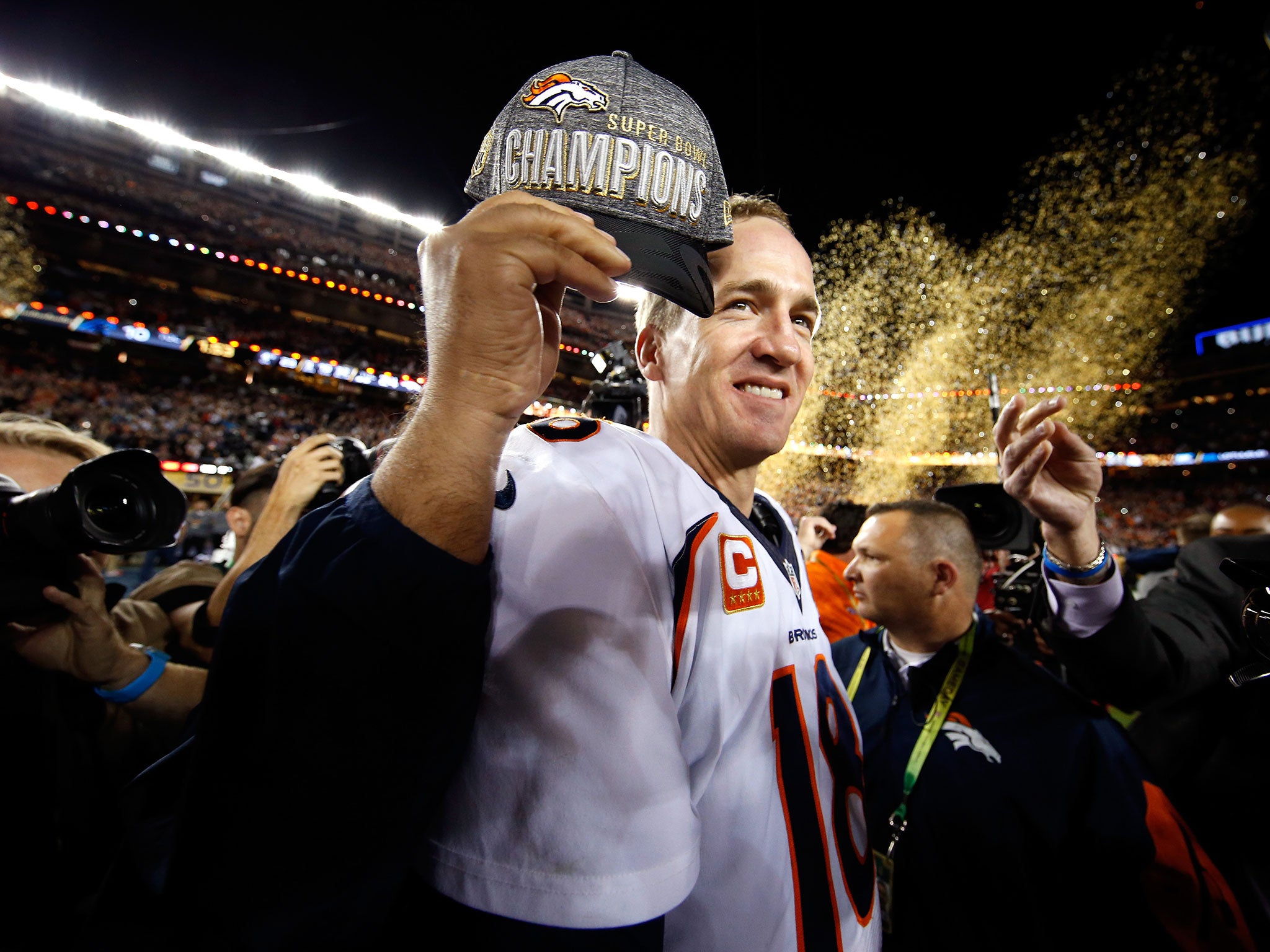 Peyton Manning celebrates winning the Super Bowl with the Denver Broncos