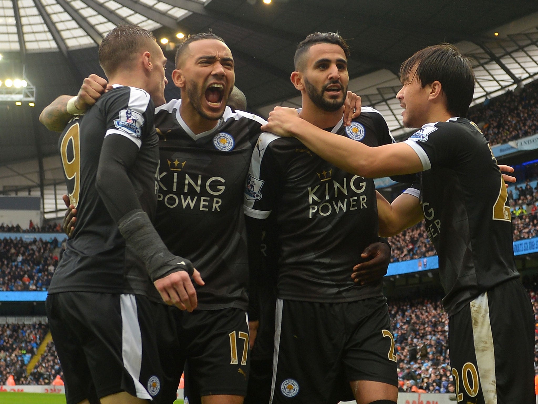 Leicester players celebrate during their 3-1 win over title rivals Manchester City at the weekend