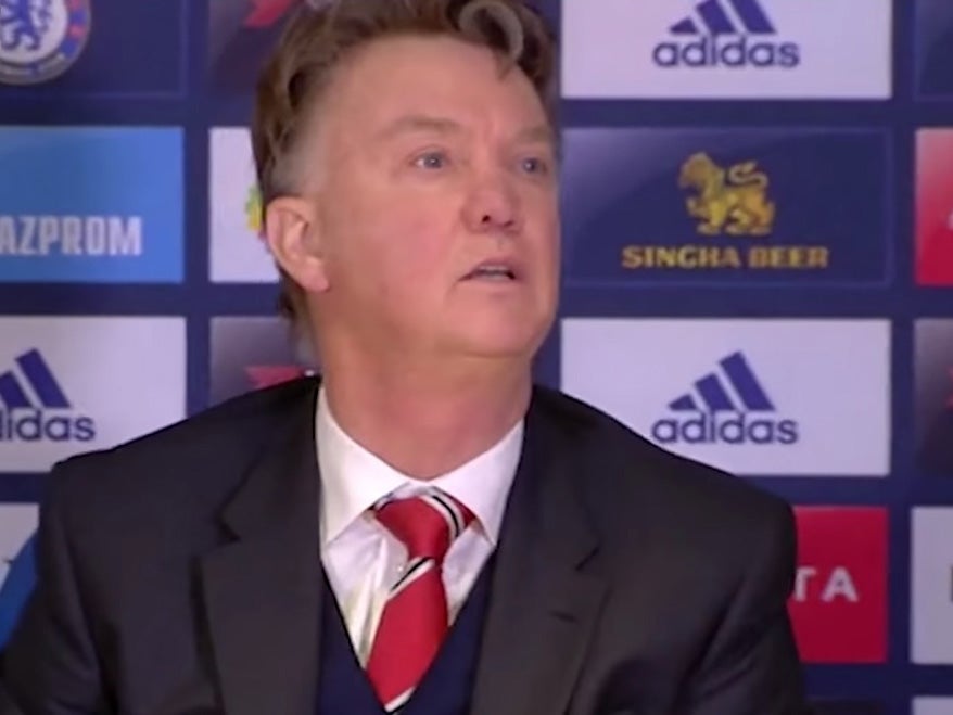 Louis van Gaal speaks to the media at Stamford Bridge