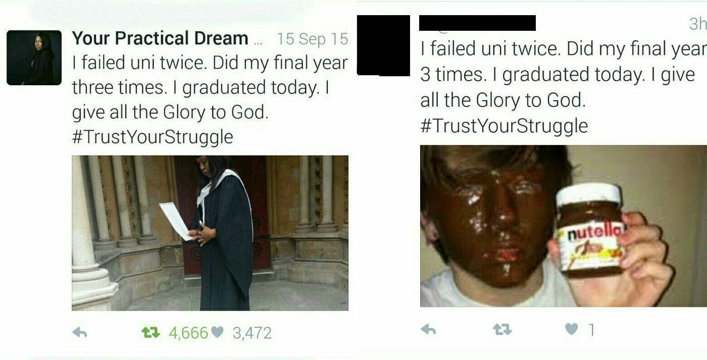 Tobi Akingbade's original tweet, left, and the one which moved her to write an open letter, right