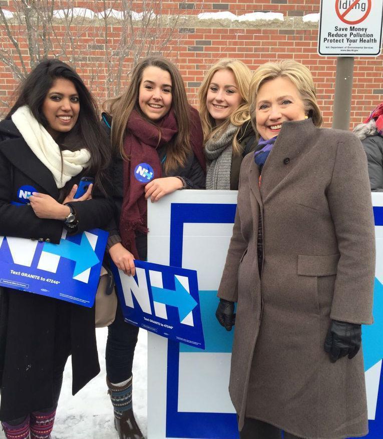 &#13;
Left to right: Priyadharshini Shanthakumar, Hattie Hughes and Claudia Blair with Hillary Clinton in Derry, New Hampshire&#13;