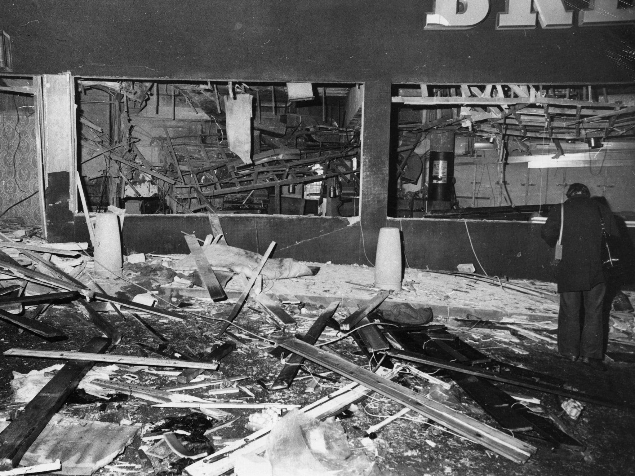 The wrecked interior of the Mulberry Bush public house following the blast