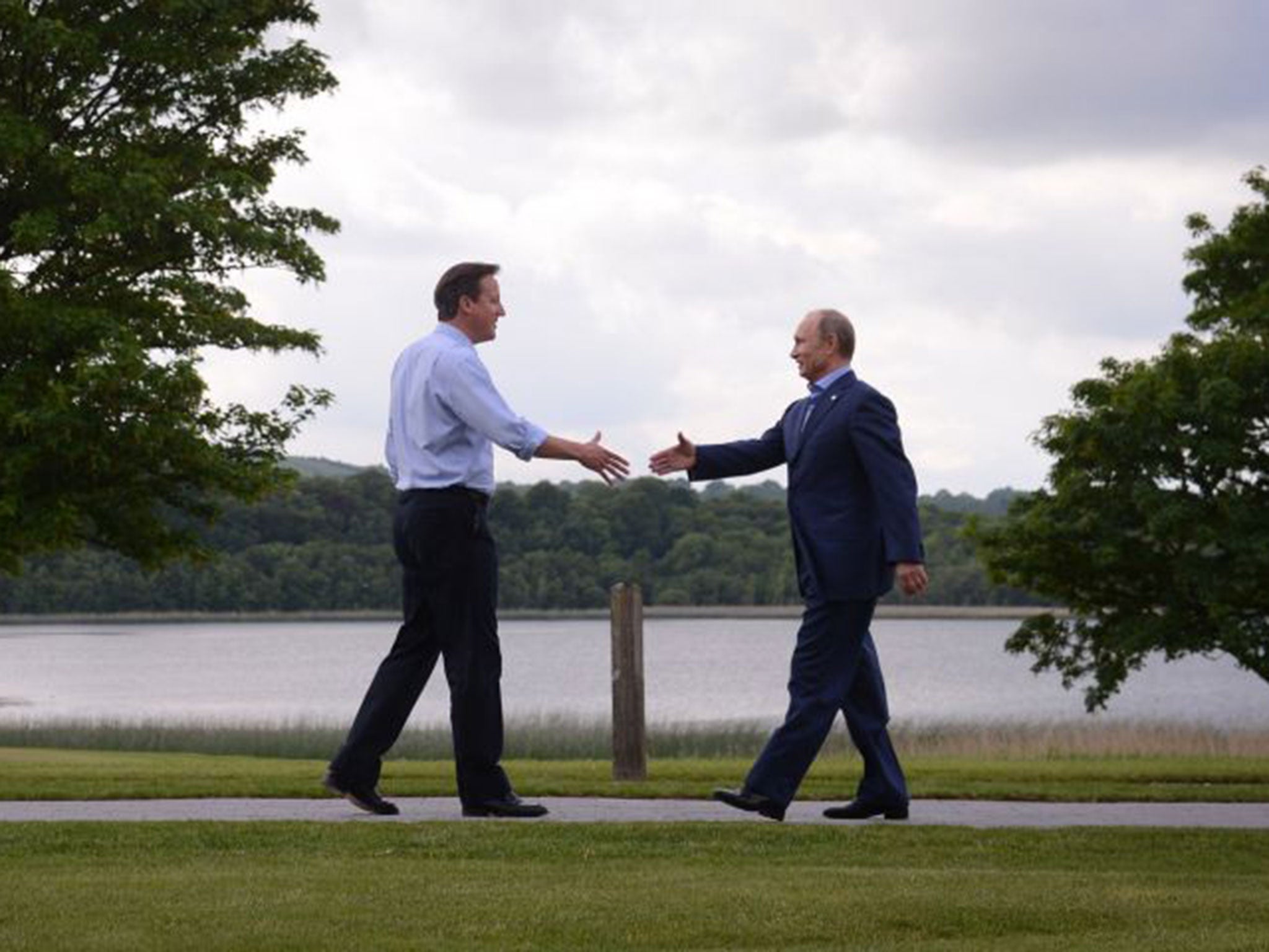 David Cameron welcomes Vladimir Putin to the G8 Summit in Northern Ireland in June 2013. The PM comes close to saying Russia’s president would welcome a Brexit vote