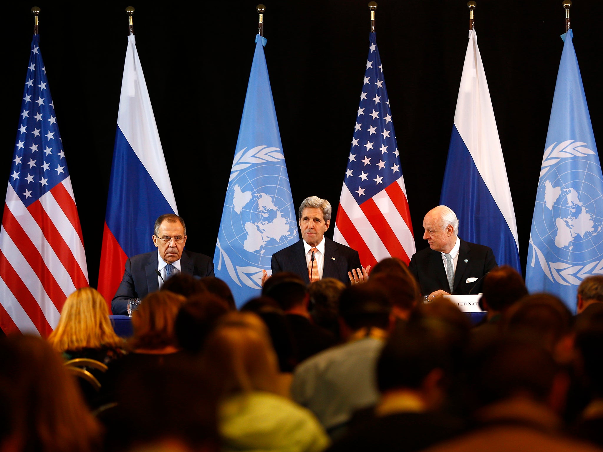 U.S. Secretary of State John Kerry, center, Russian Foreign Minister Sergey Lavrov, left, and UN Special Envoy for Syria Staffan de Mistura, right, attend a news conference after the International Syria Support Group (ISSG) meeting in Munich, Germany,