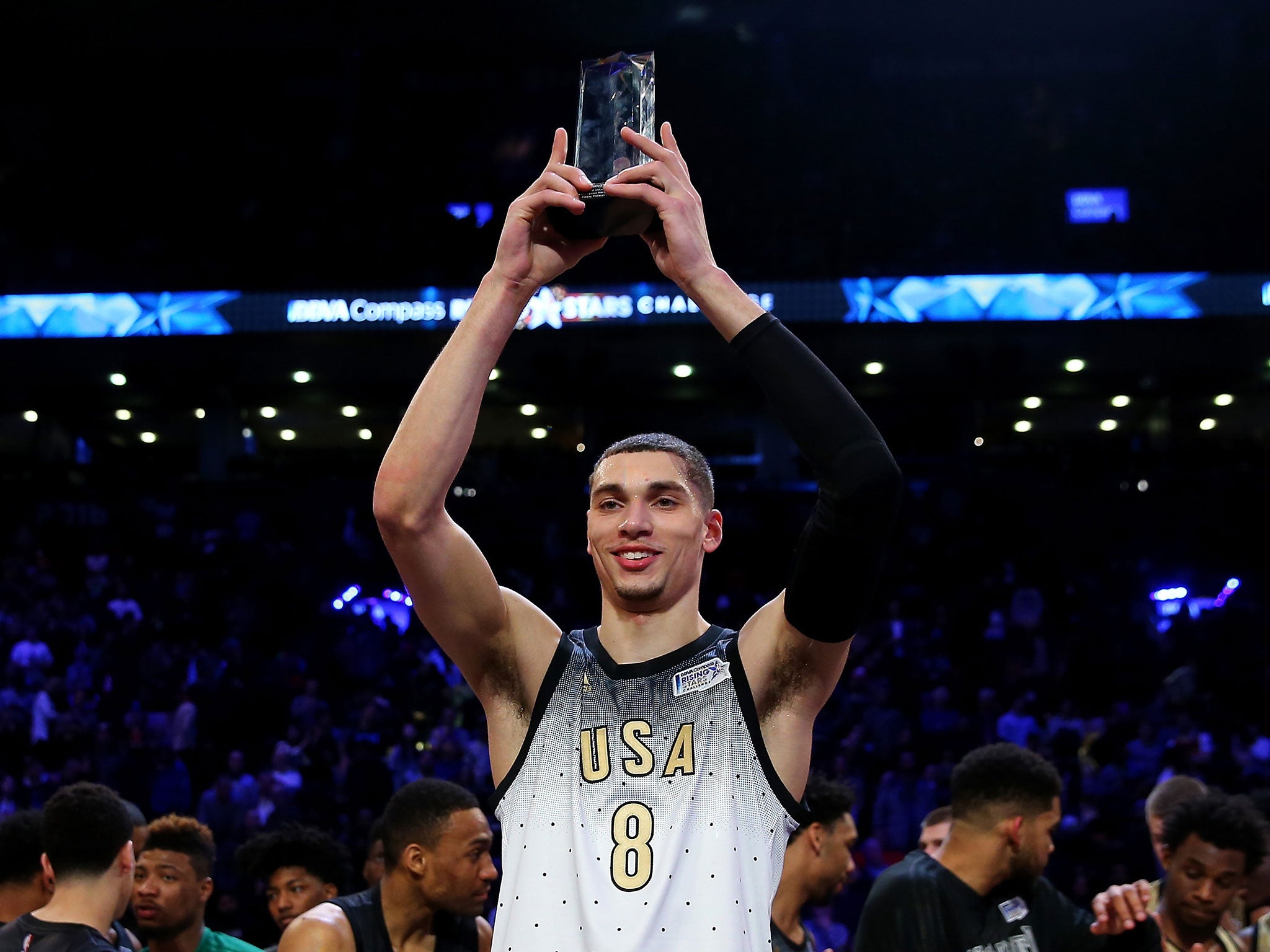 Zach Lavine celebrates winning the MVP award in the 2016 NBA Rising Stars match