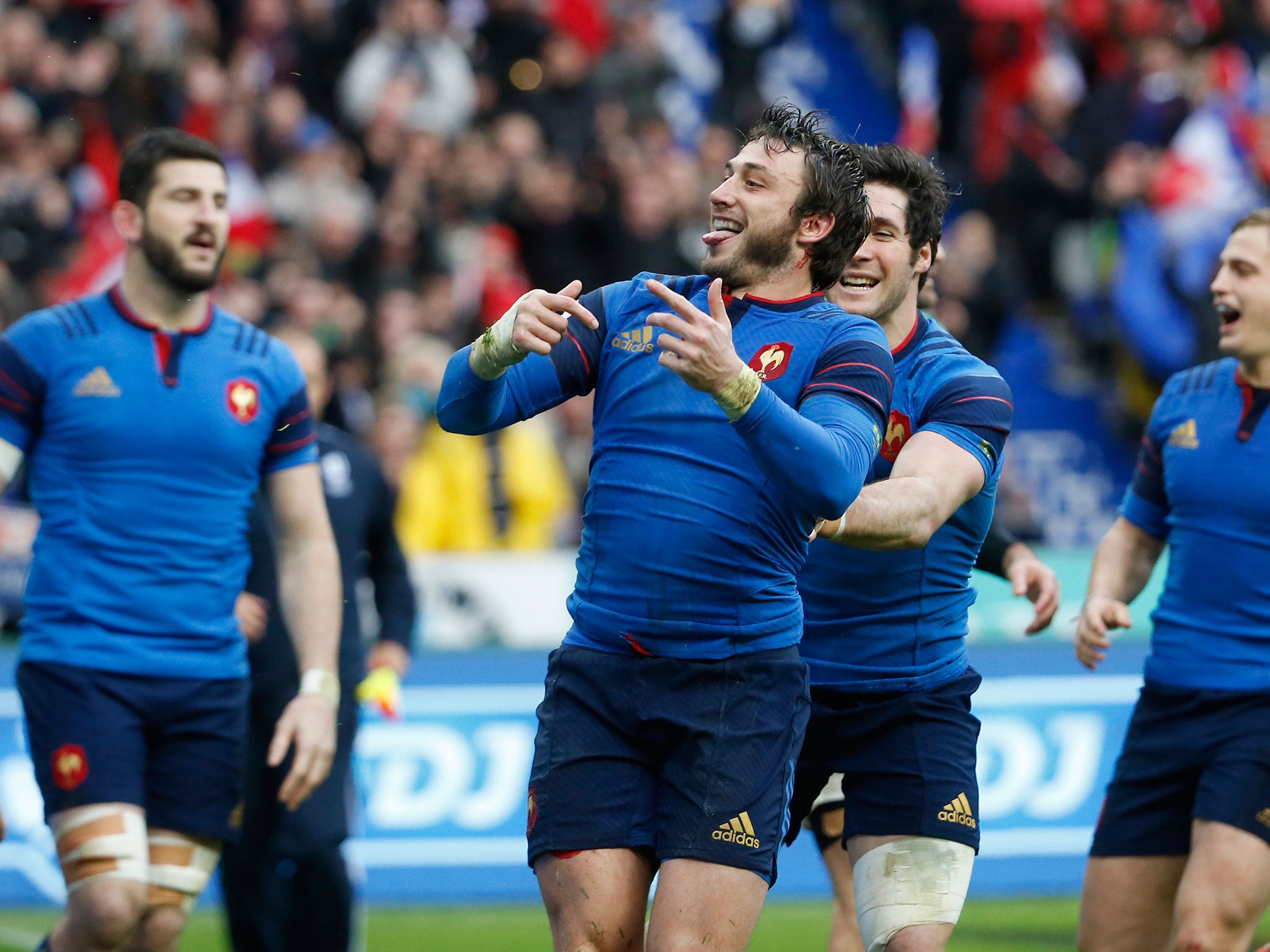 Maxime Medard celebrates scoring the match-winning try for France against Ireland