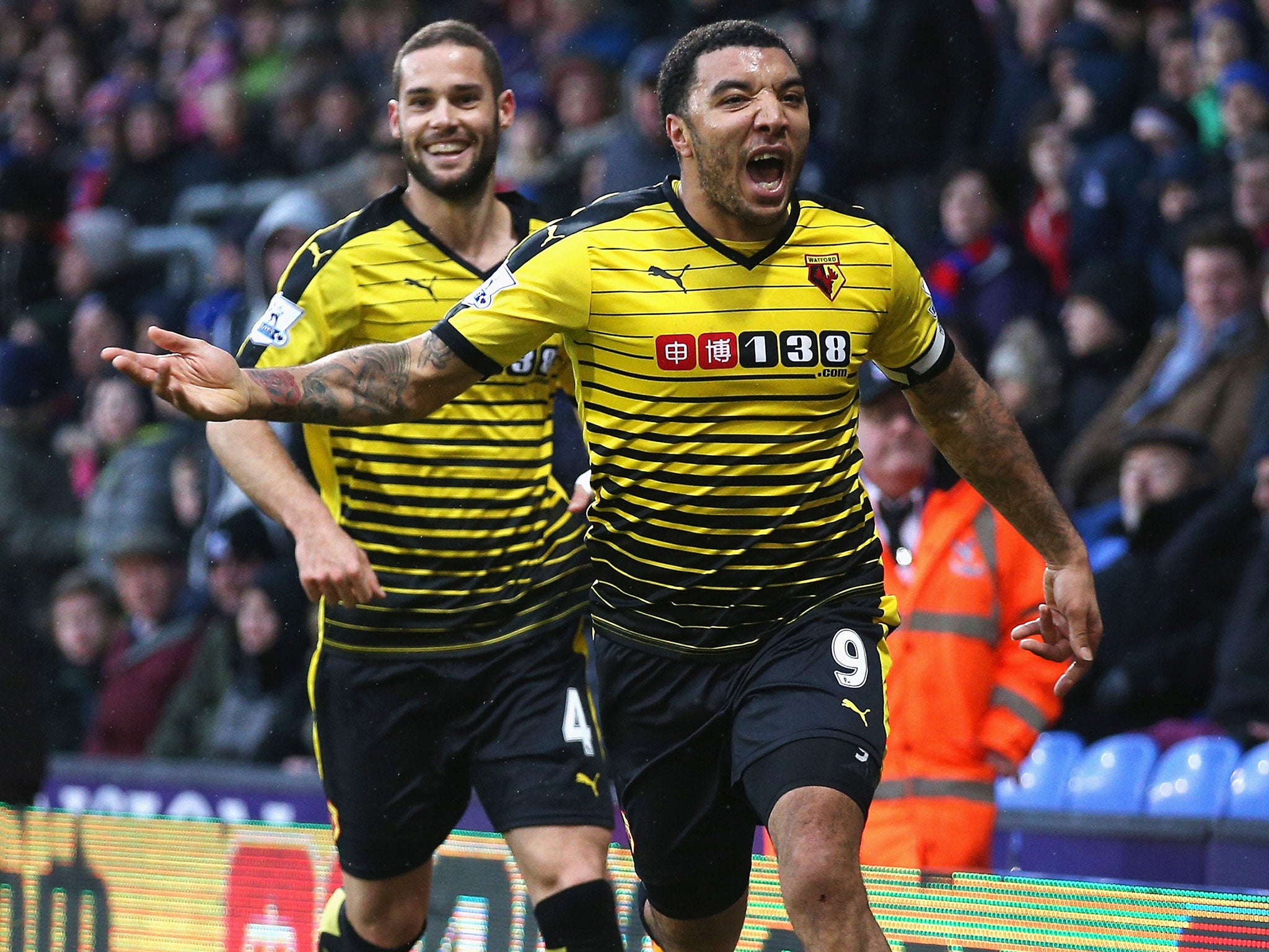 Troy Deeney celebrates scoring his and Watford's second goal against Crystal Palace