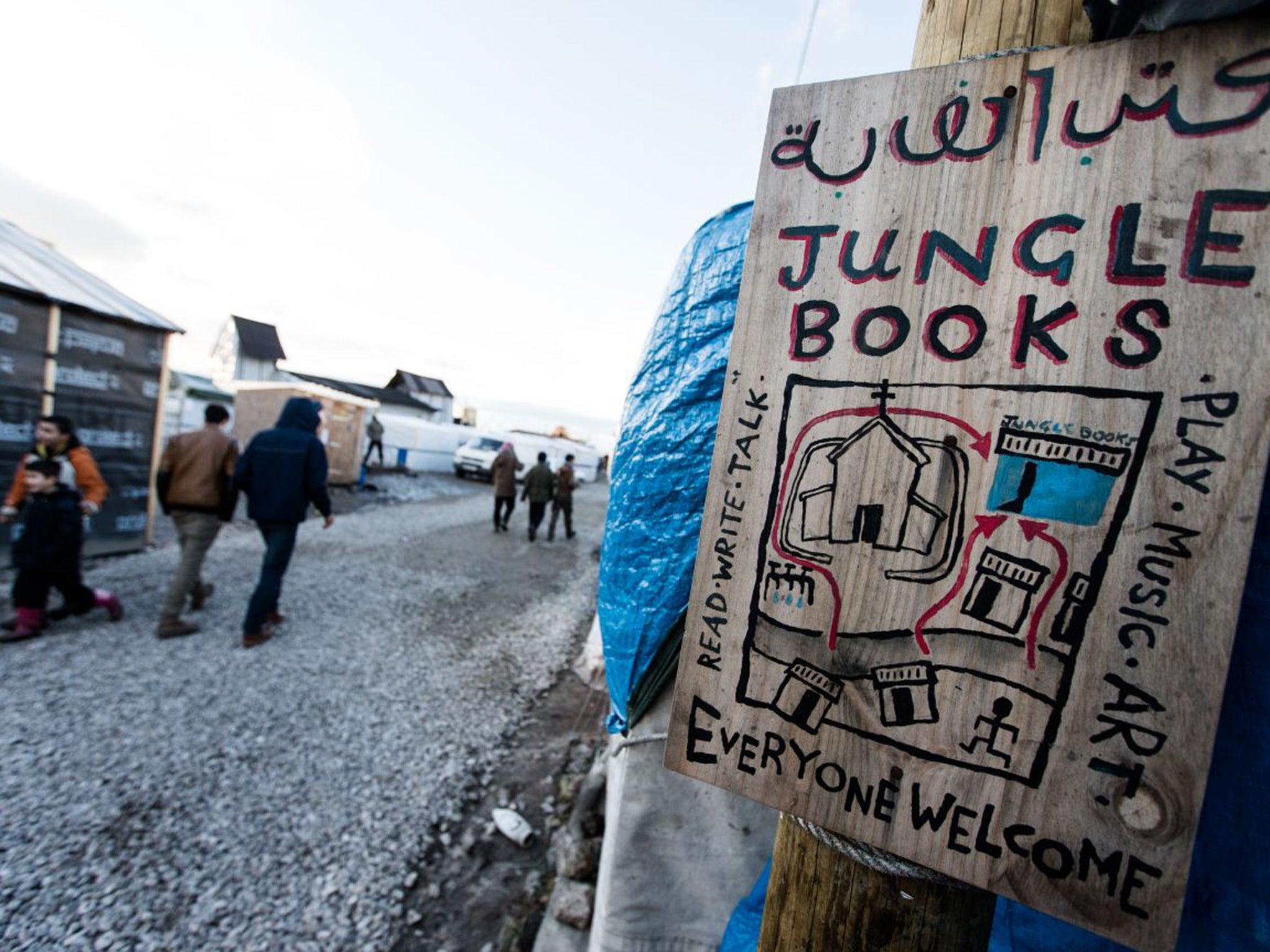 A makeshift bookshop in the Calais Jungle