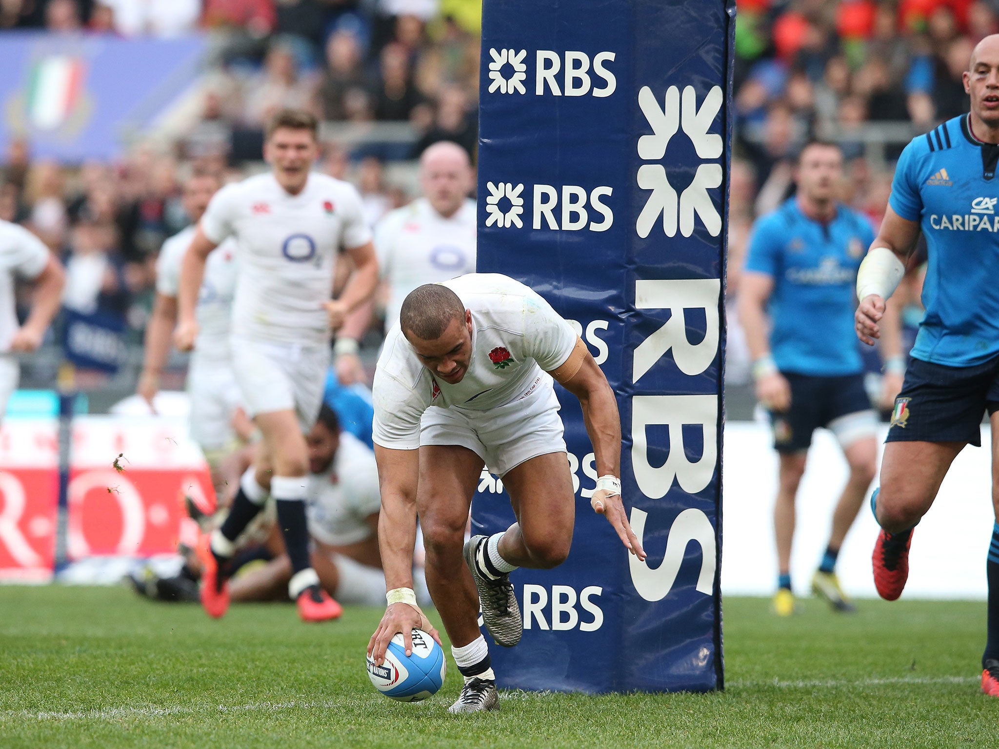 Jonathan Joseph scored a hat-trick for England in Rome.