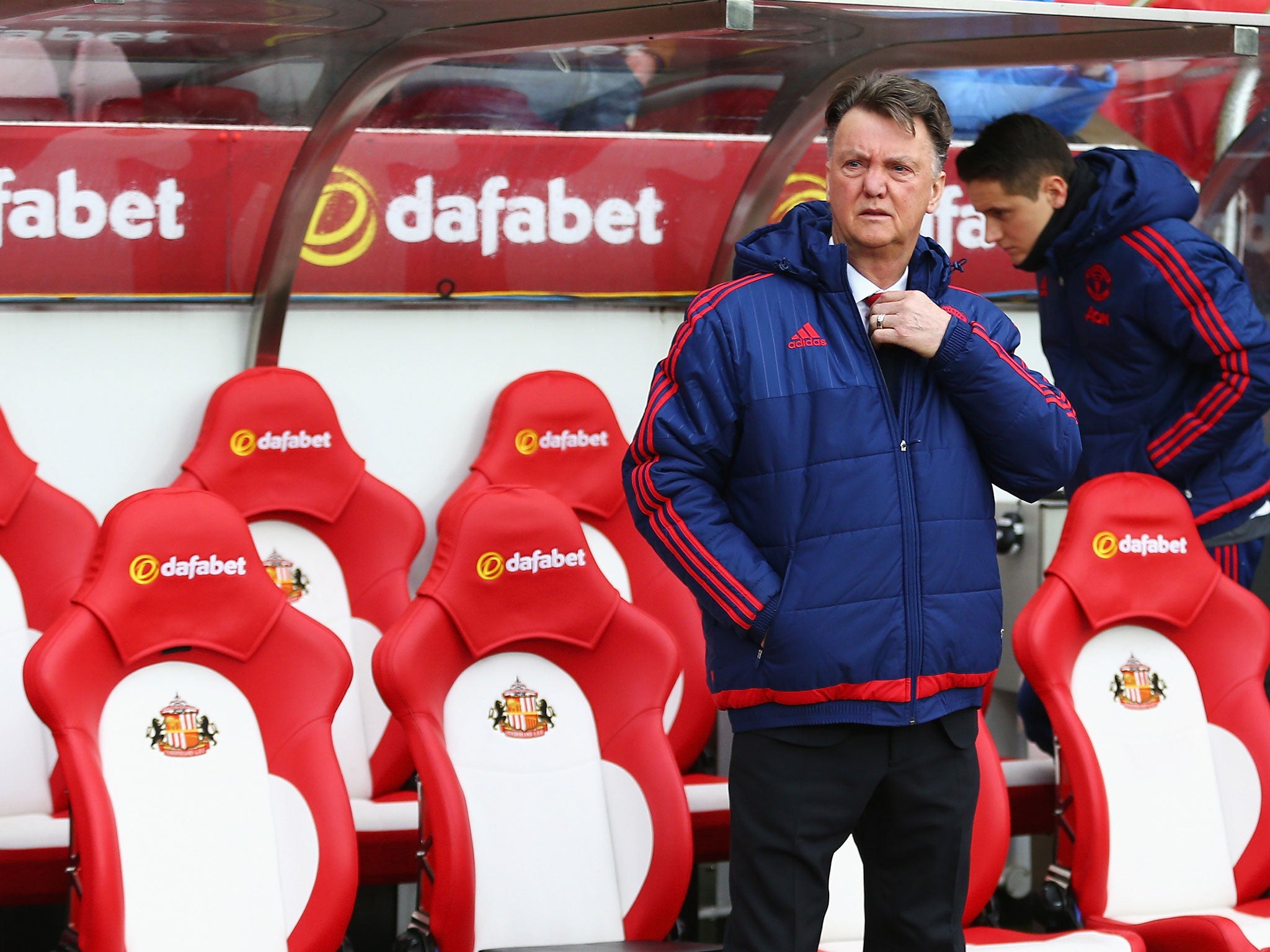 Louis van Gaal stands alone in the Sunderland dugout following Saturday's defeat