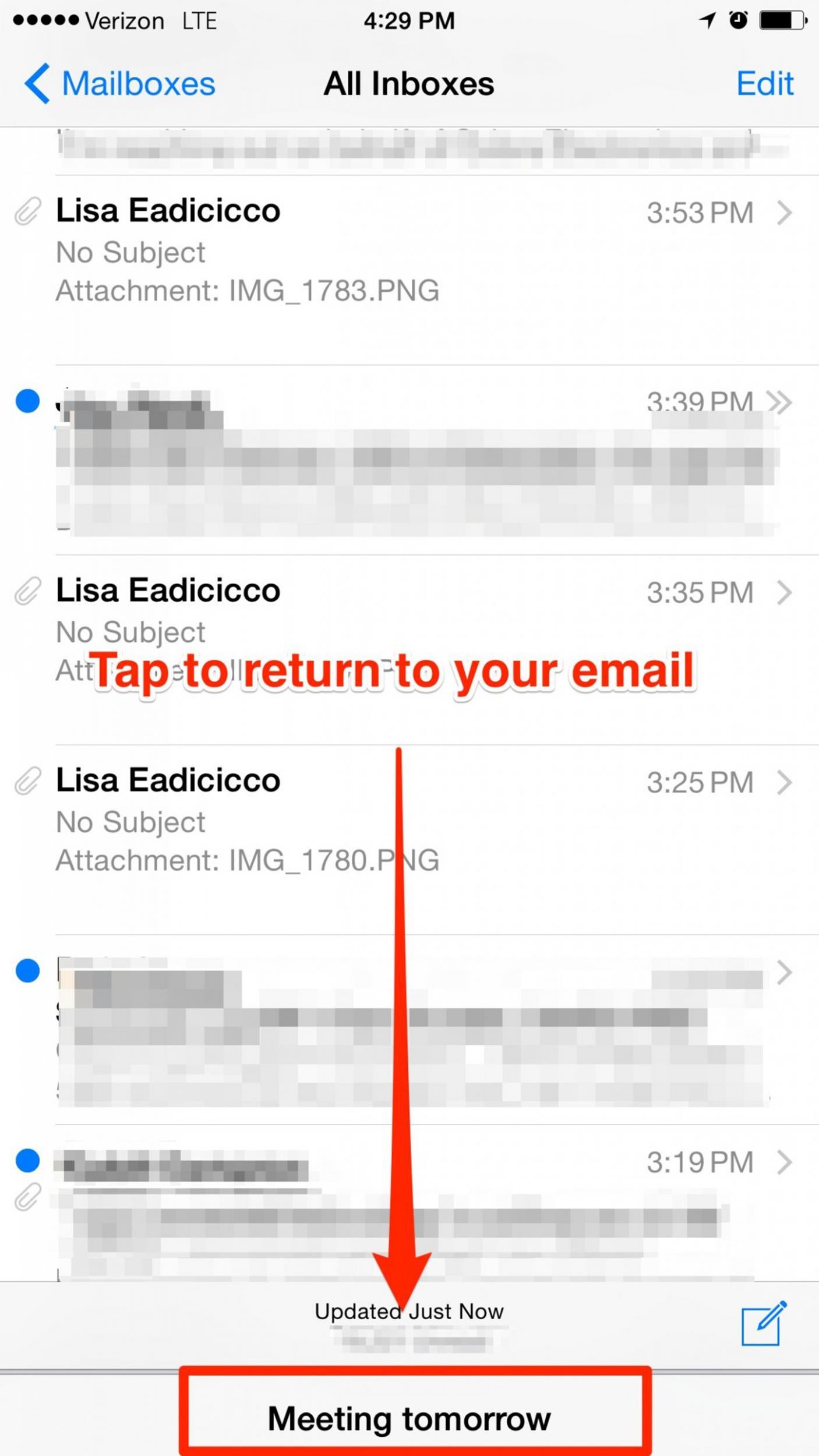 As you're composing an email, simply tap the top of the message where it says either "New Message" or the subject and drag it down to the bottom of the screen.