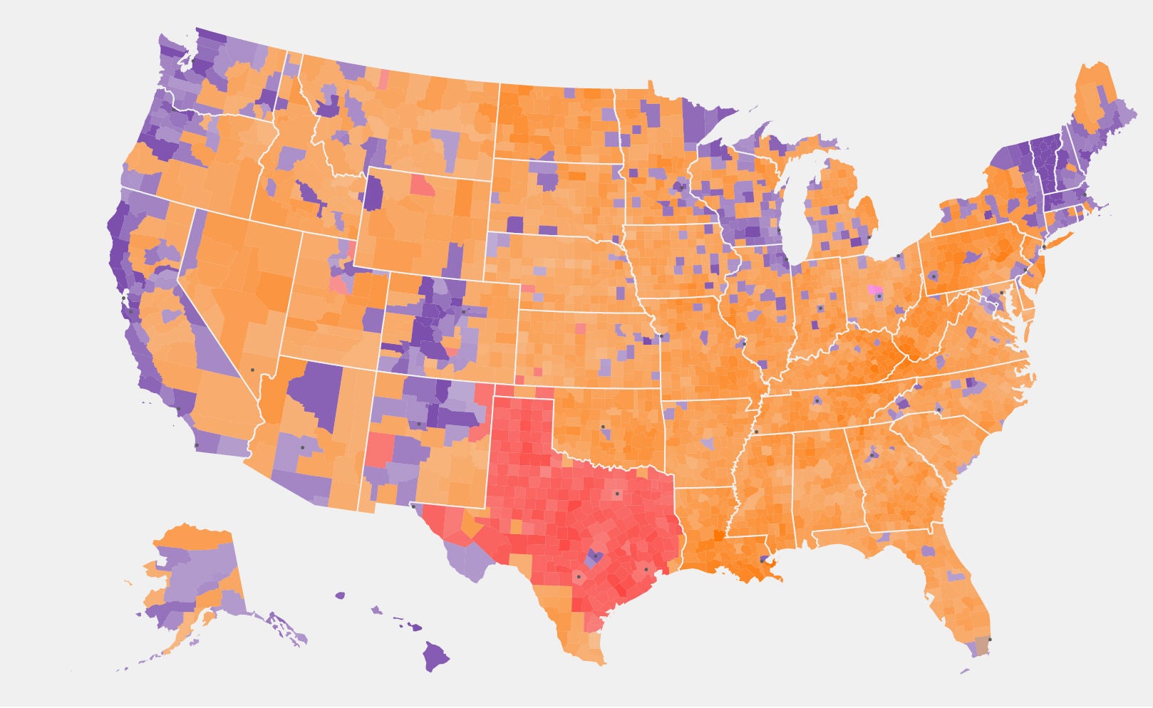 The heat map across the US shows Trump (orange) and Sanders (purple) are on the path to victory