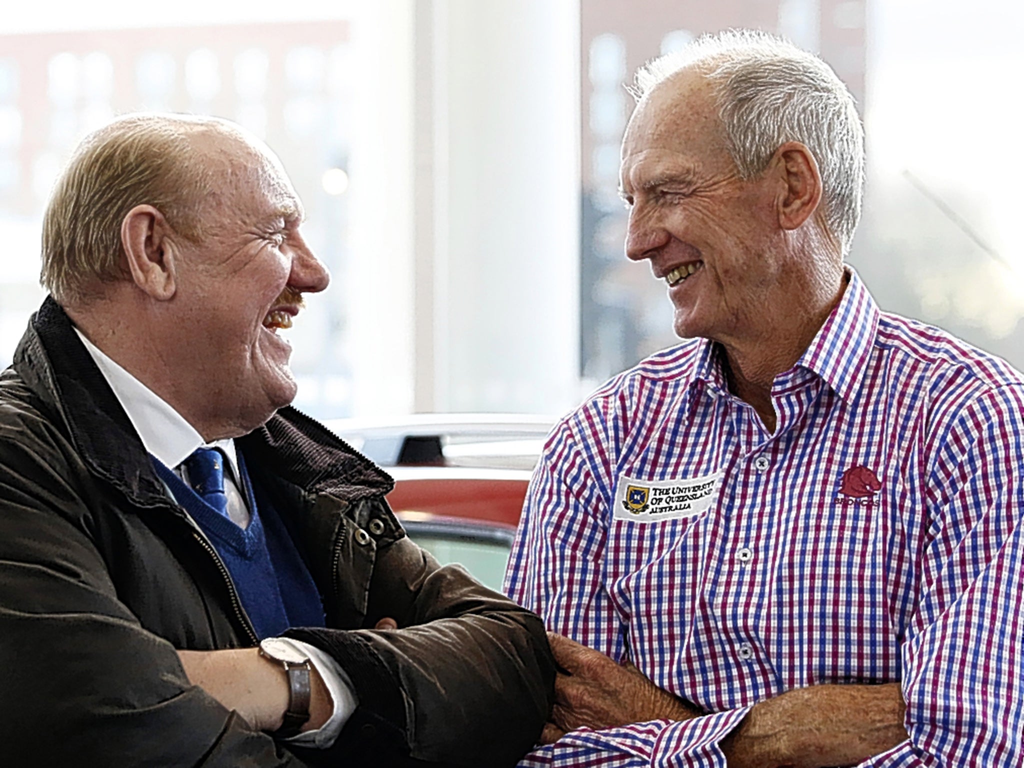 The future England coach Wayne Bennett (right), over here with his club the Brisbane Broncos for the World Club Series, meets the RFL chairman, Brian Barwick