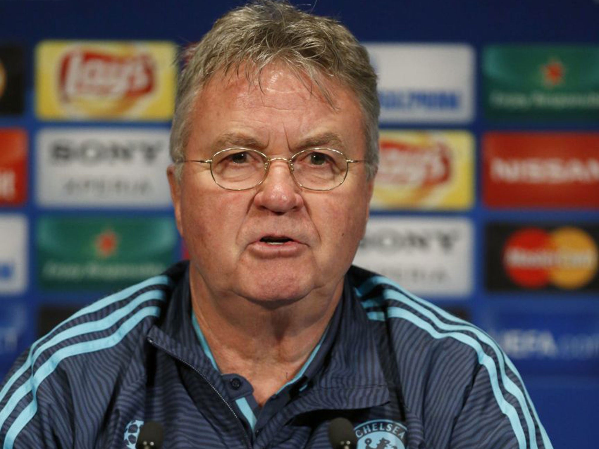 Chelsea’s Guus Hiddink fields questions in Paris on Monday