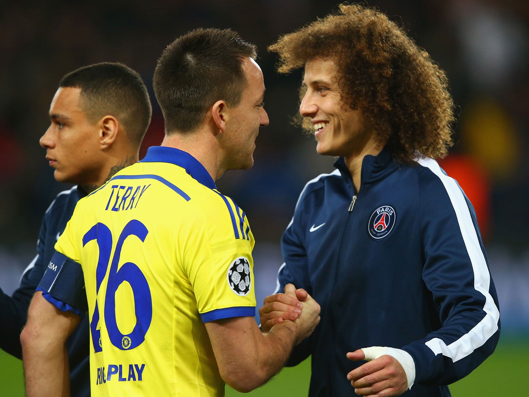 John Terry and David Luiz shake hands ahead of last season's clash between Chelsea and PSG