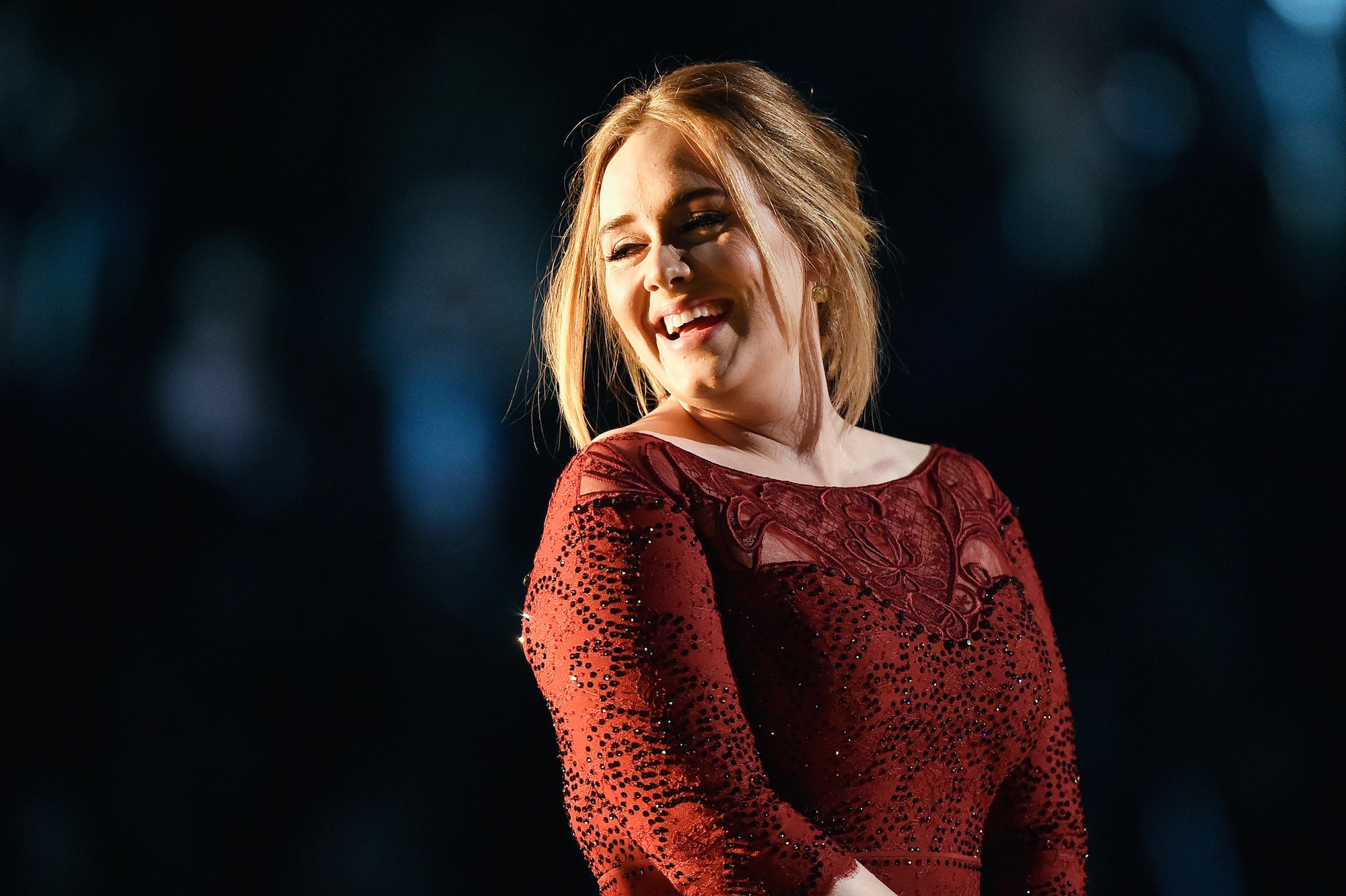 Adele performs at the 58th Grammy Awards.