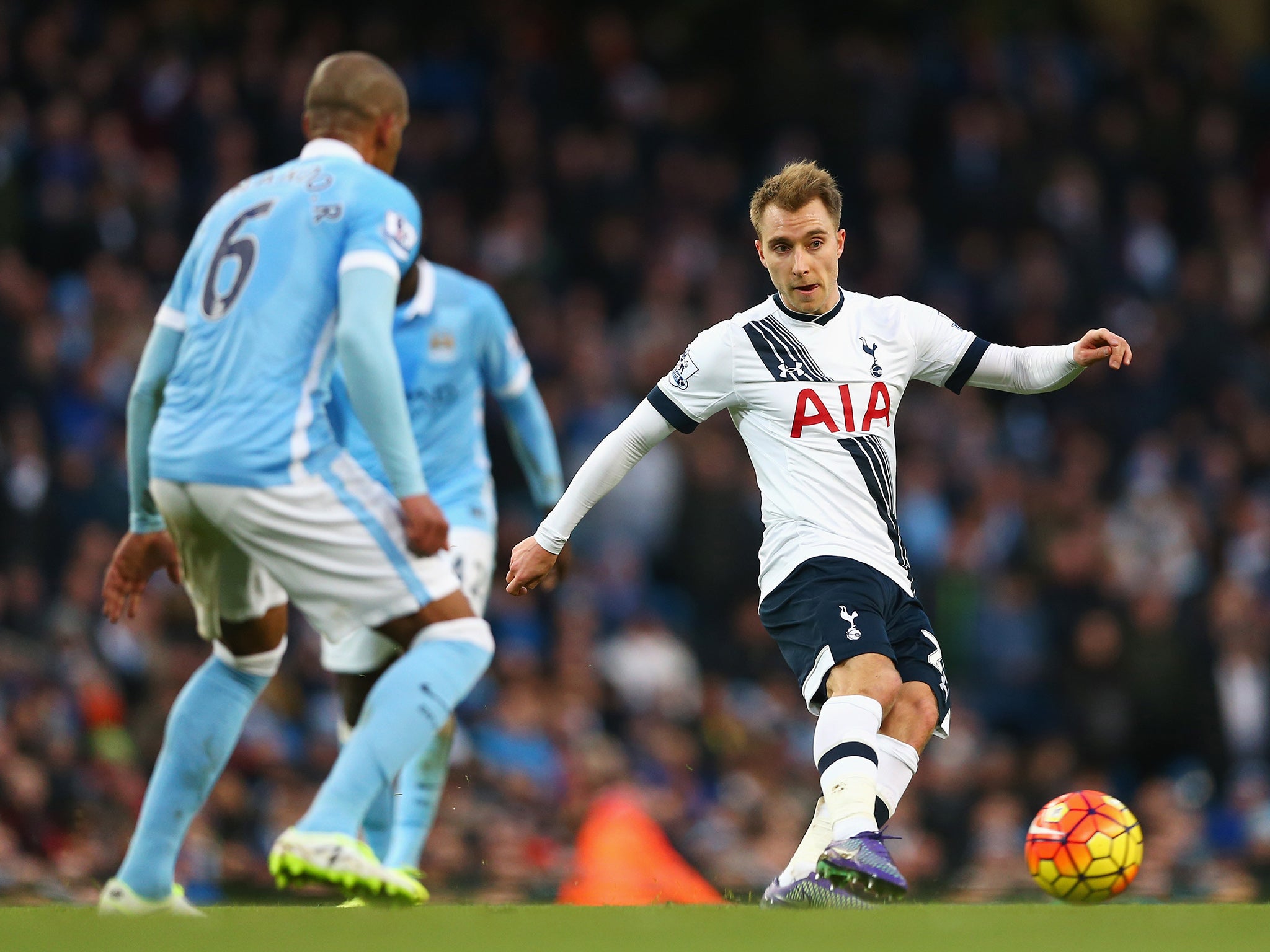 Christian Eriksen plays a through ball at the Etihad