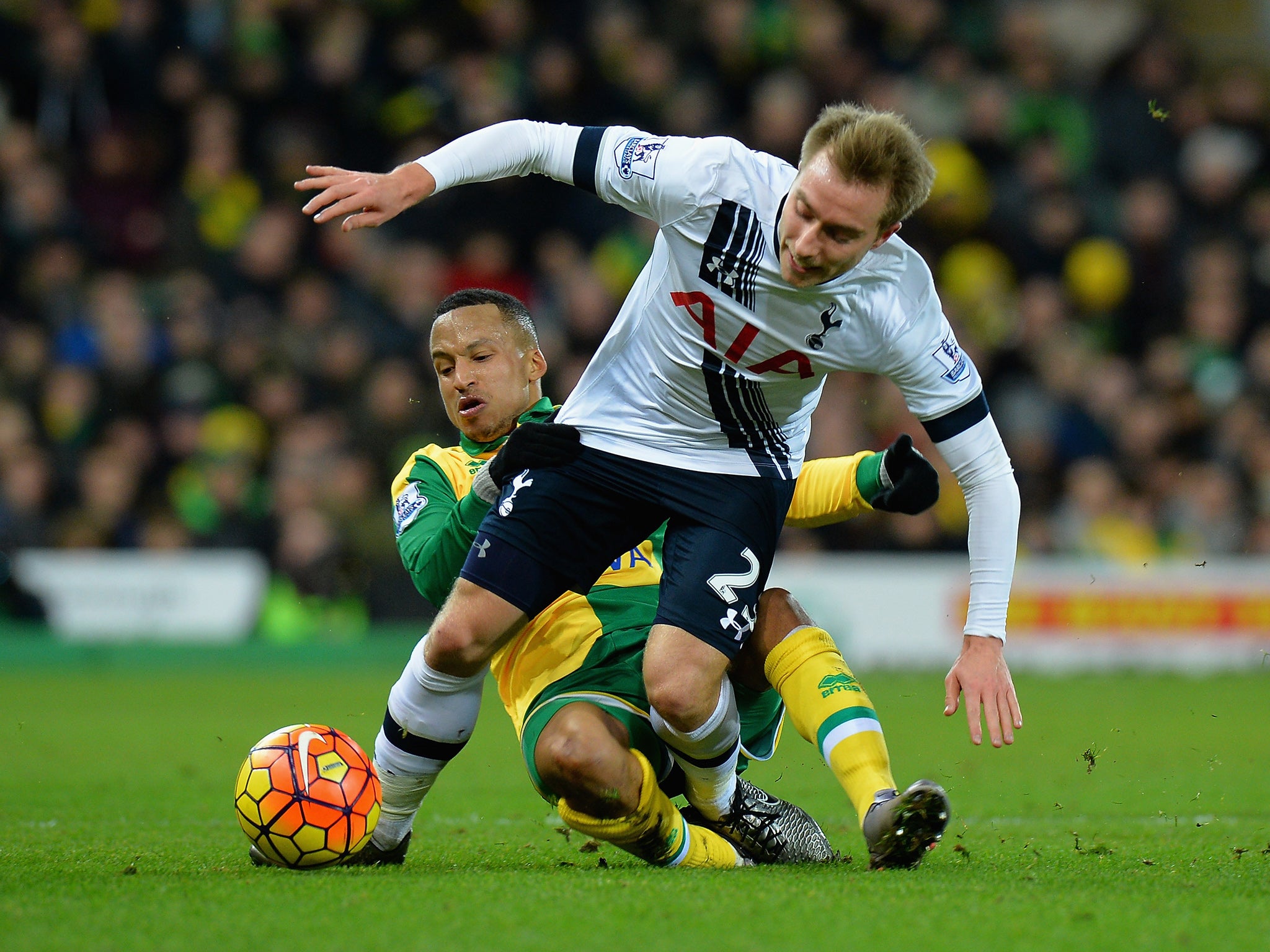 Christian Eriksen is cut down by Martin Olsson