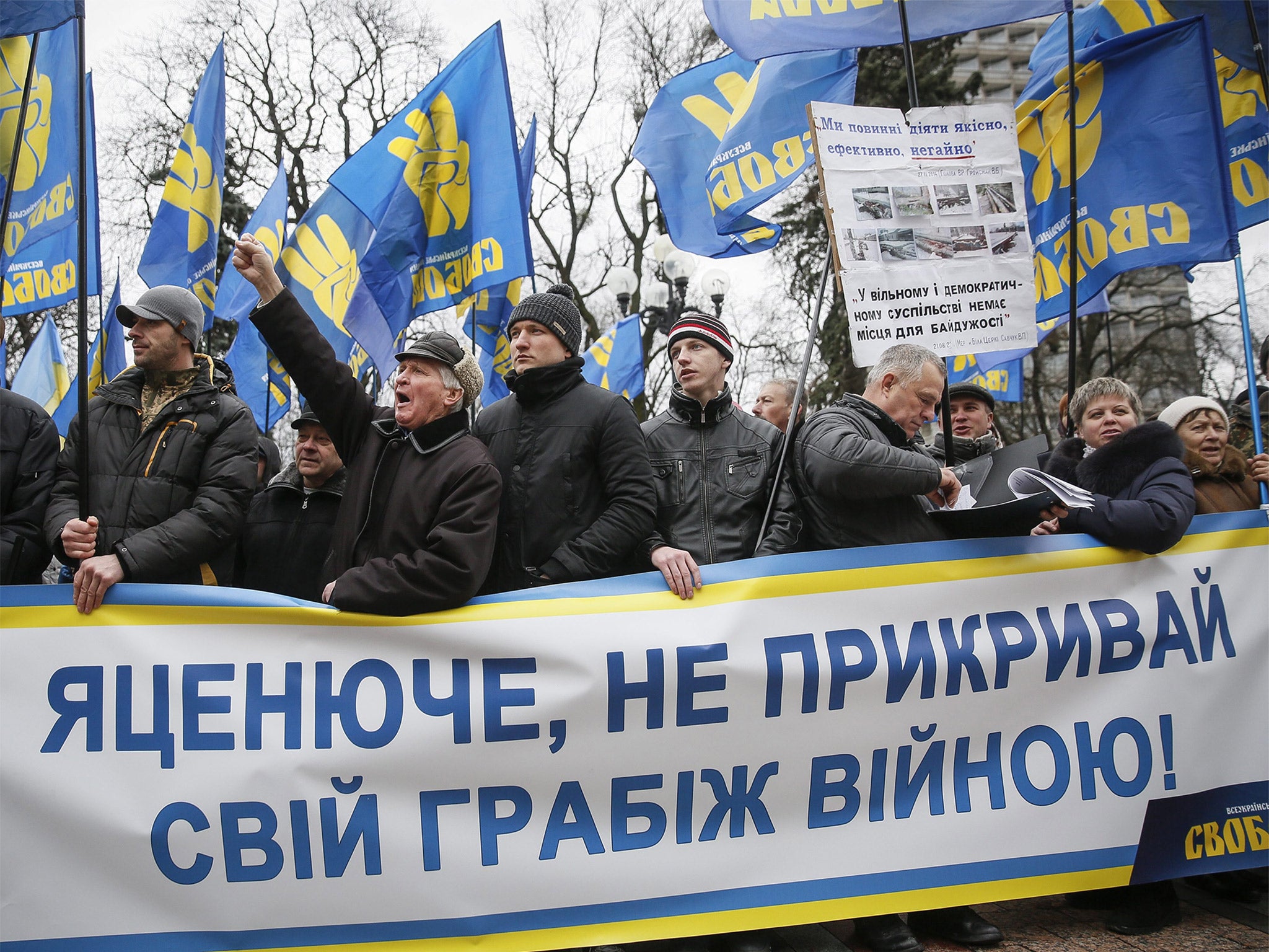 Supporters of nationalist Svoboda (freedom) party hold a banner reading 'Yatsenyuche do not hide your robbery by war' during a protest demanding the Ukrainian Prime Minister to step down