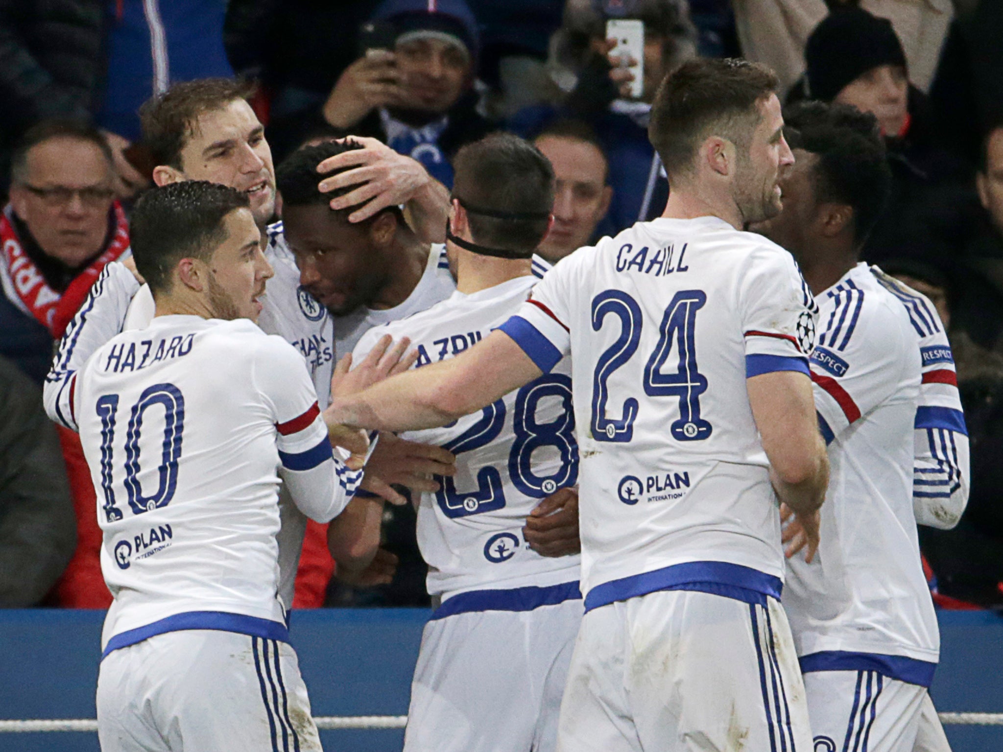 Chelsea midfielder John Obi Mikel is congratulated on his goal