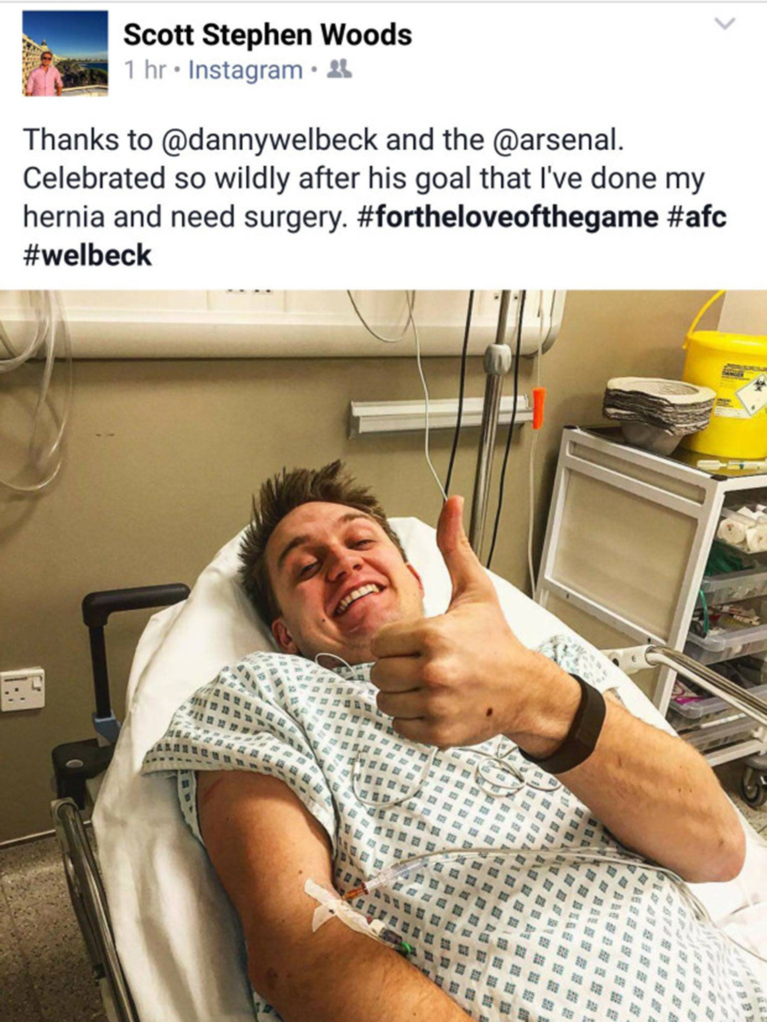 Arsenal fan Scott Woods posted a picture from his hospital bed