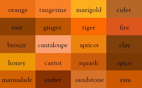 Different types of the colour orange from the colour thesaurus