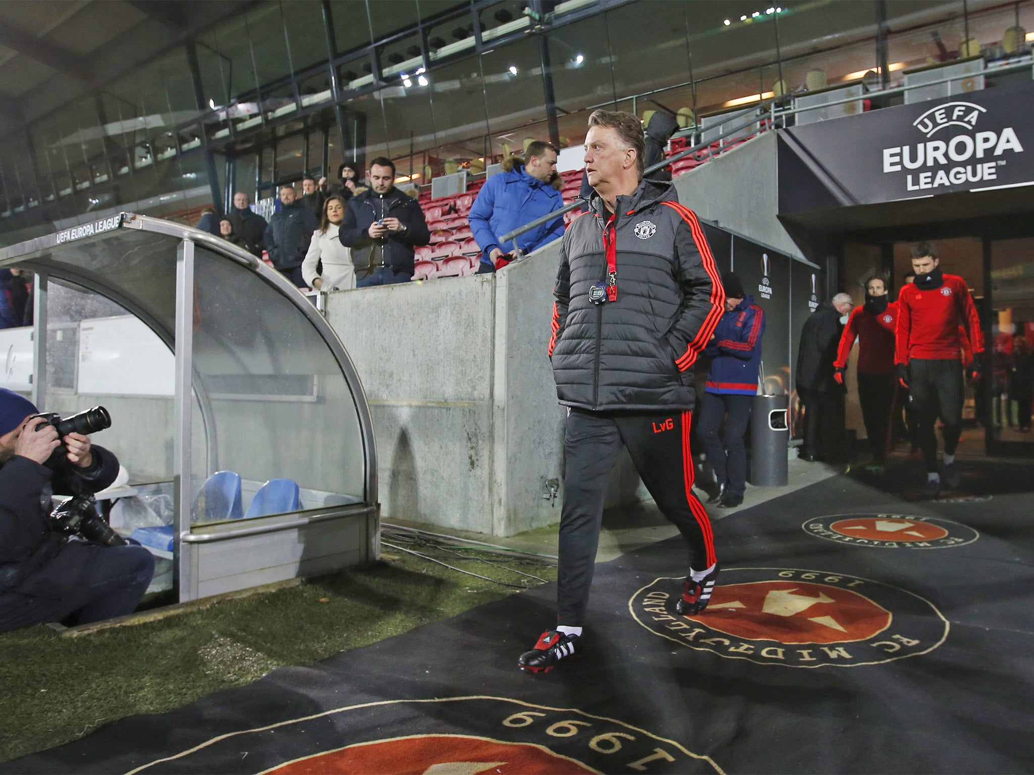 Louis van Gaal oversees training at the Herning Arena last night ahead of tonight’s game against Midtjylland re