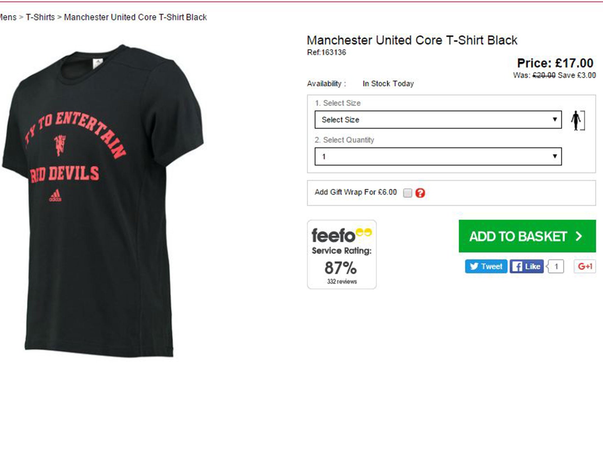 The T-shirt is available on the Manchester United website for £17